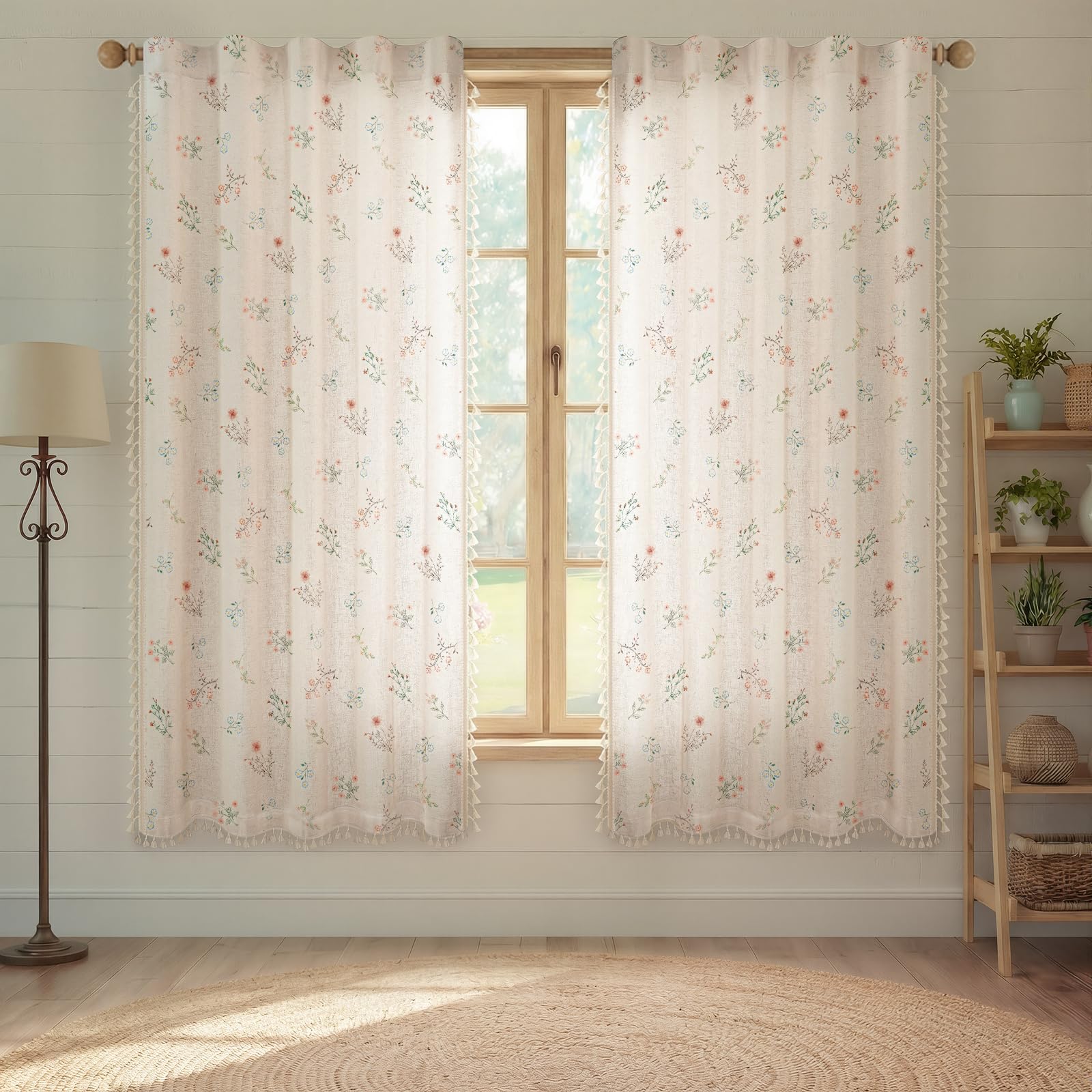 Floral Embroidered Linen Blend Curtains for Bedroom, 84 Inch Light Filtering Spring Farmhouse Vintage Drapes Beige Flower Window Treatments for Living Room Rod Pocket, Set of 2 Panels