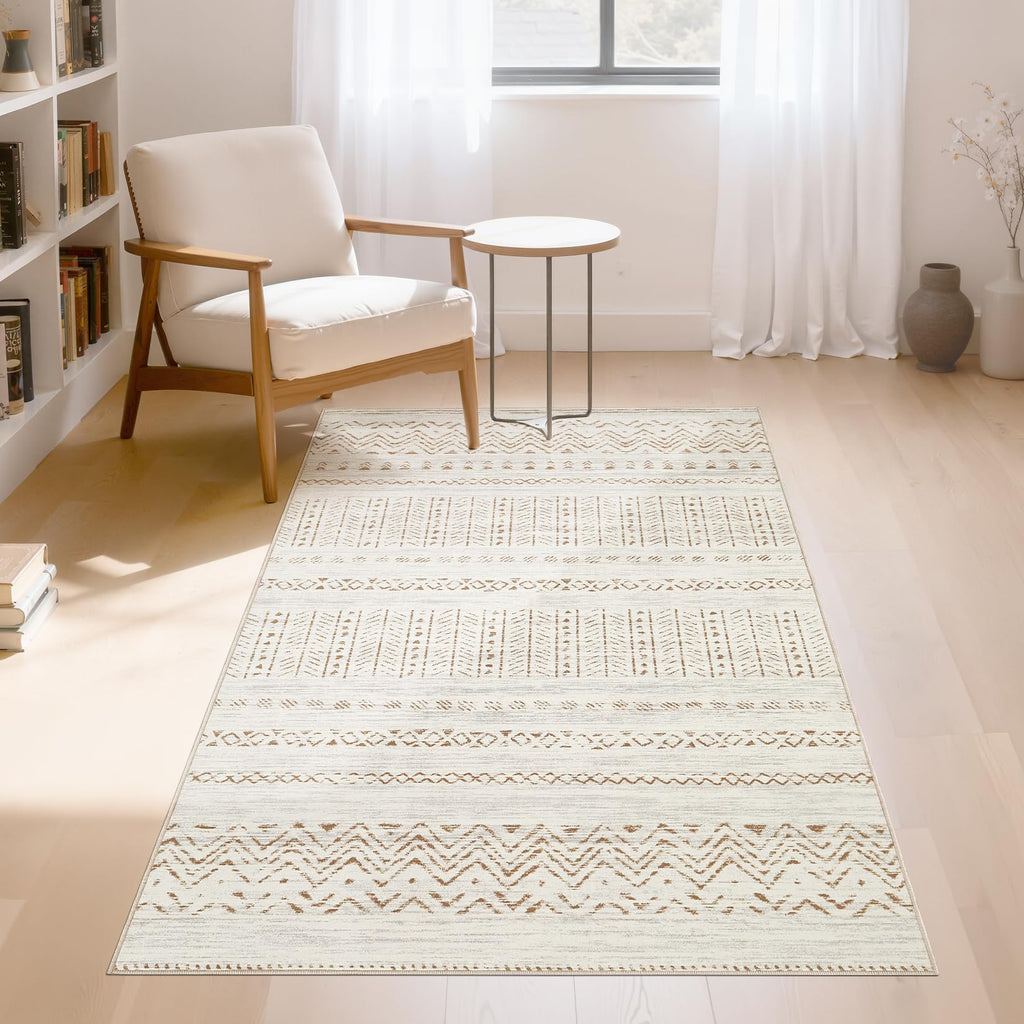 cotiled 5x7 Area Rug Living Room: Washable Boho Rugs with Non Slip Backing Large Soft Indoor Stain Resistant Carpet for Bedroom Farmhouse Dining Room Lightweight Home Decor L Brown/Cream