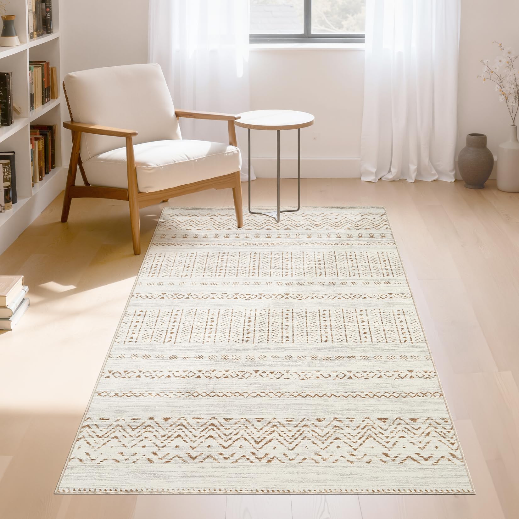 cotiled 5x7 Area Rug Living Room: Washable Boho Rugs with Non Slip Backing Large Soft Indoor Stain Resistant Carpet for Bedroom Farmhouse Dining Room Lightweight Home Decor L Brown/Cream