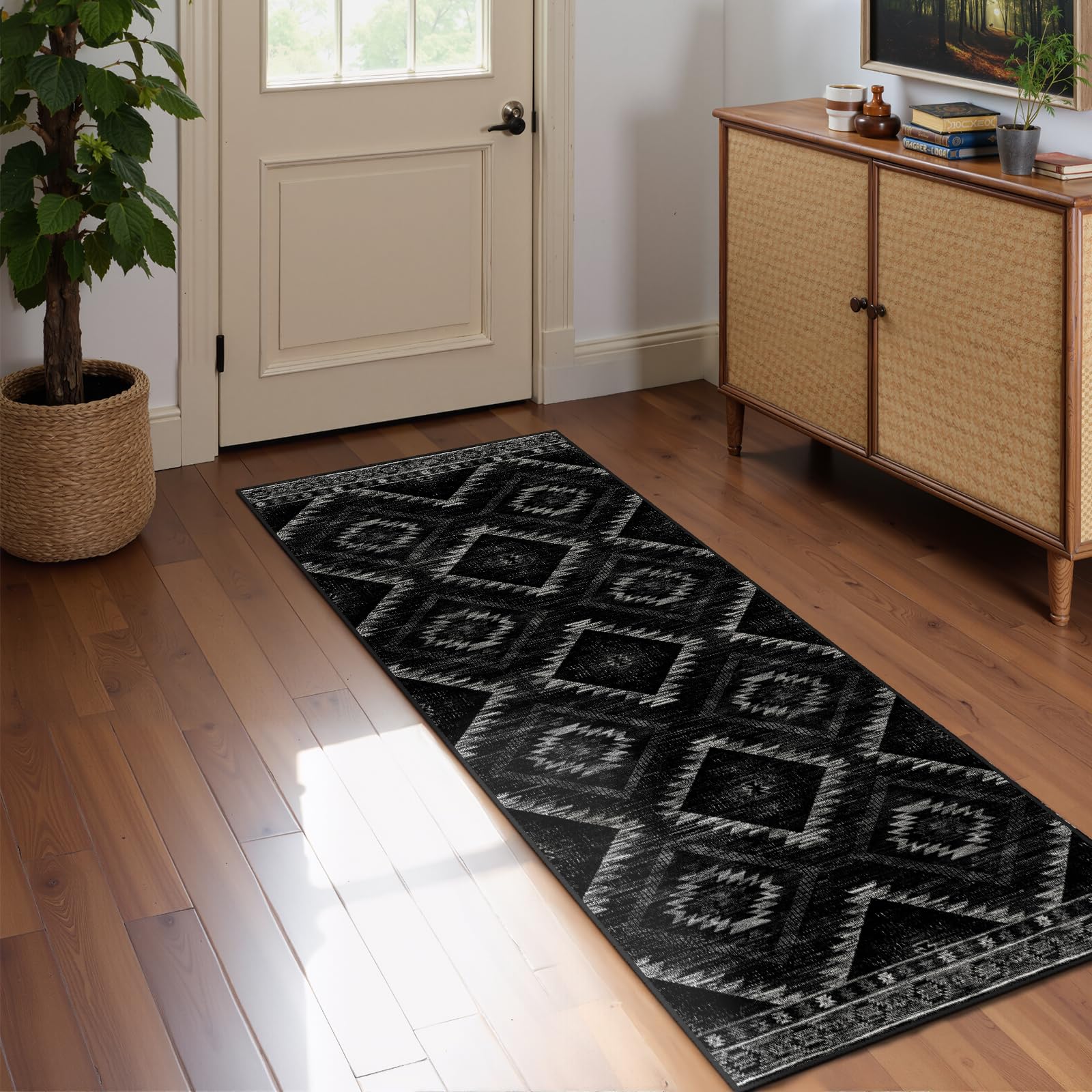 BESTSWEETIE Area Rug 5x7 Rug Machine Washable Non-Slip Low Pile Print Pattern Western Rug for Living Room Bedroom Entryway Tribal Series -Black