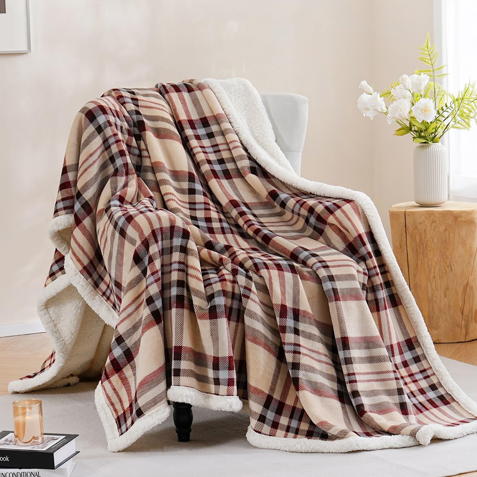 PU MEI Sherpa Fleece Throw Blanket 60" x 80" Reversible Plush Fluffy Large Big Blanket Lattice Flannel Blankets for Sofa Couch Bed (Grey-Soft Blue, 60"*80")