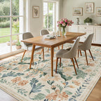 8x10 Beige Boho Floral Washable Non-Slip Thin Area Rug for Indoor Spaces