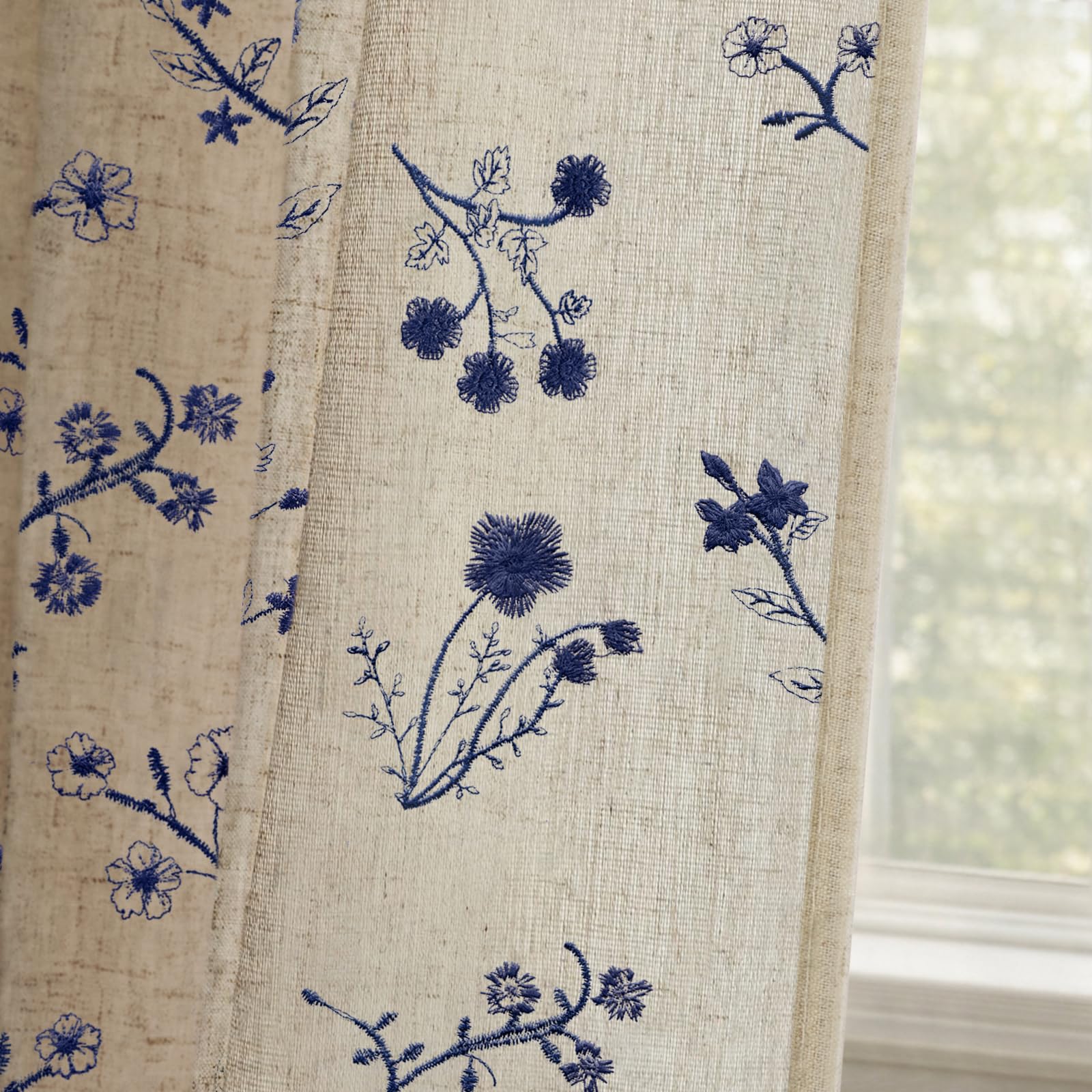 Floral Embroidered Linen Blend Curtains for Bedroom, 84 Inch Light Filtering Spring Farmhouse Vintage Drapes Beige Flower Window Treatments for Living Room Rod Pocket, Set of 2 Panels