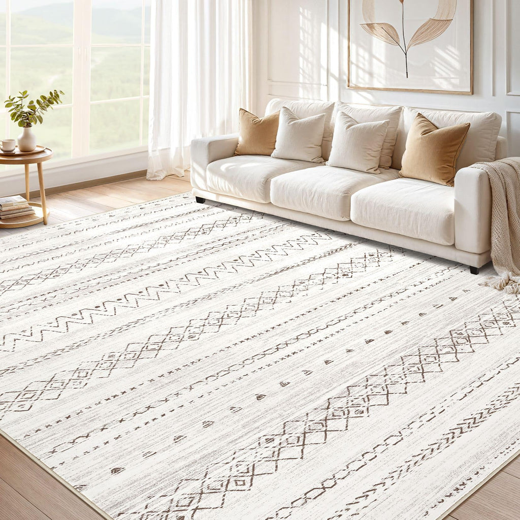 cotiled 5x7 Area Rug Living Room: Washable Boho Rugs with Non Slip Backing Large Soft Indoor Stain Resistant Carpet for Bedroom Farmhouse Dining Room Lightweight Home Decor L Brown/Cream