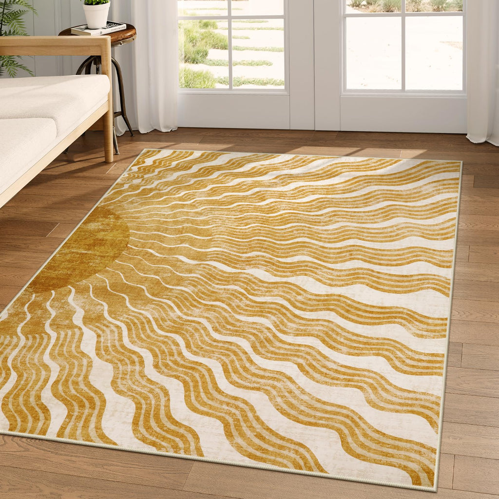 Hedlive Boho 8x10 Area Rugs, Sun Print Soft Washable Rugs 8x10 Rug for Living Room Nursery, Ultra-Thin Non-Slip Kids Rug Large Carpet for Playroom Bedroom Classroom(8x10ft,Gold/Multi)