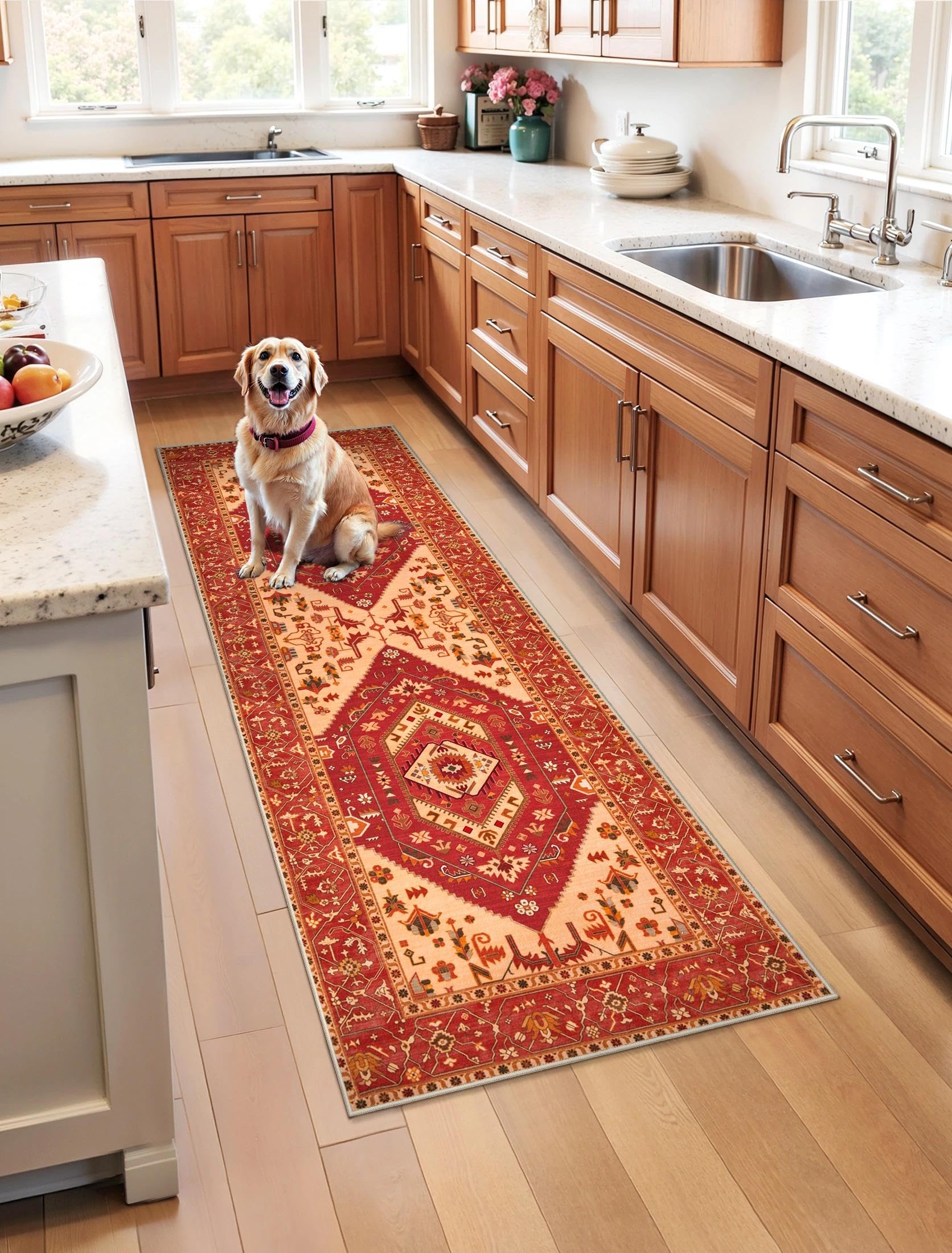 SERISSA Washable Rugs 8x10 Area Rugs, Large Non-Slip Boho Living Room Rust Rug, Ultra Soft Vintage Print Distressed Oriental Tribal Farmhouse Carpet for Dining Room Bedroom Dorm Office Home Decor