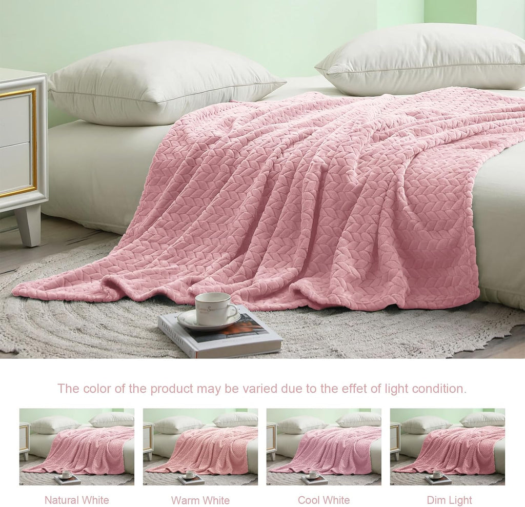 Exclusivo Mezcla Fleece Queen Size Blanket for Bed, 90x90 Inches Soft Cozy Jacquard Flannel Blankets, Lightweight Fuzzy Plush for Women, Pink