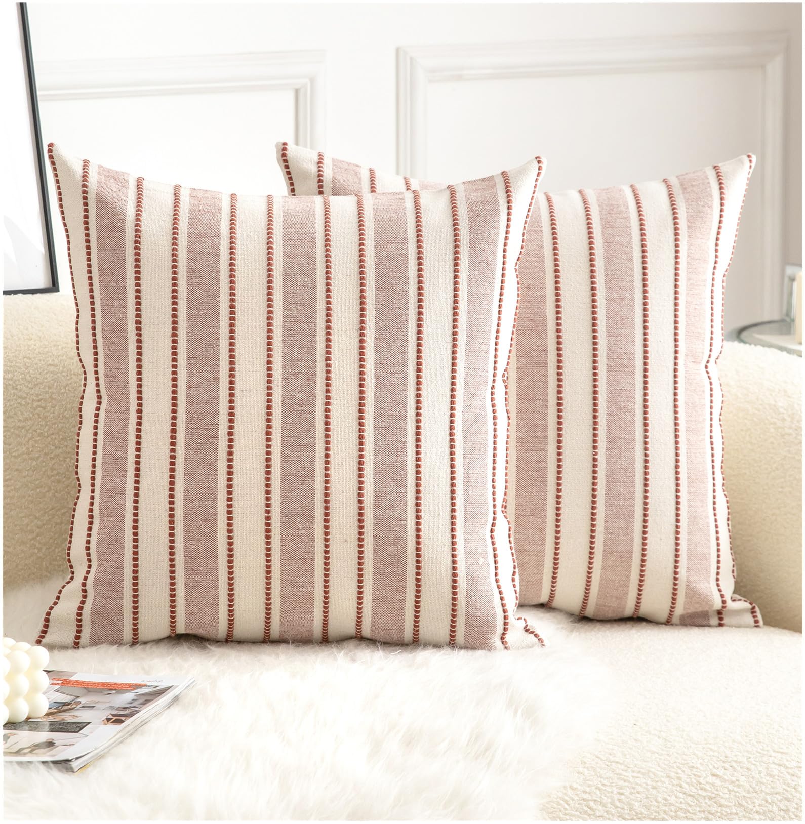 Cethom Decorative Boho Throw Pillow Covers, Farmhouse Textured Pillow Case, 20 x 20 Inch Set of 2, Chair Sofa Bedroom Living Room Home Decor Couch Cushion Case, Classic Blue and Beige Striped