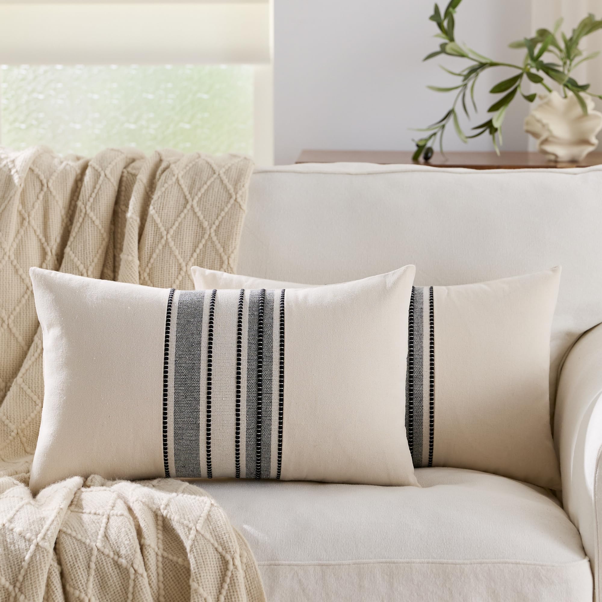 Striped Linen Textured Throw Pillow Covers 18x18 Inch Set of 2,Boho Decorative Cushion Covers, Neutral Navy Blue Accent Pillowcases for Couch, Sofa, Bed Farmhouse & Modern Living Room Decor