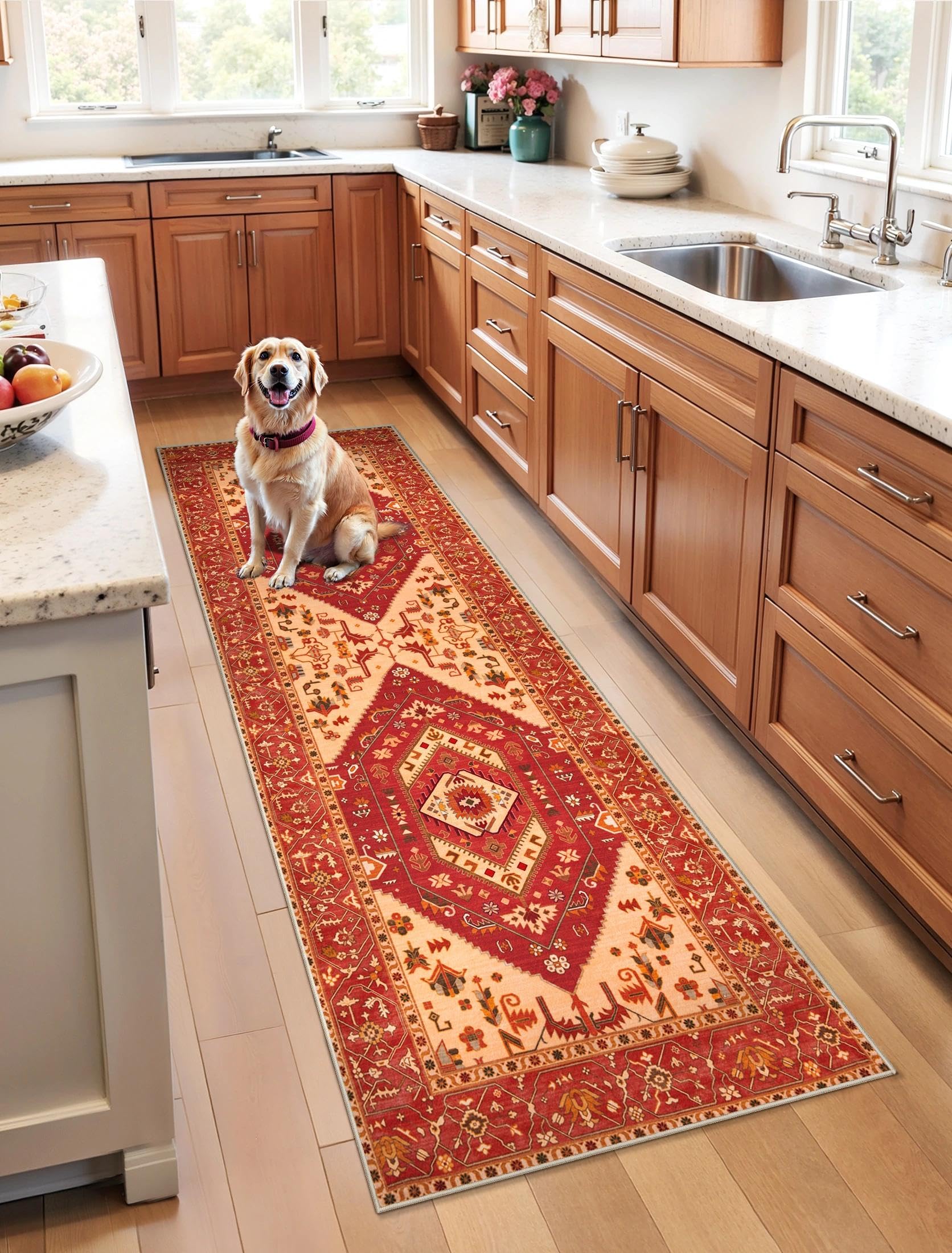 SERISSA Washable Rugs 8x10 Area Rugs, Large Non-Slip Boho Living Room Rust Rug, Ultra Soft Vintage Print Distressed Oriental Tribal Farmhouse Carpet for Dining Room Bedroom Dorm Office Home Decor
