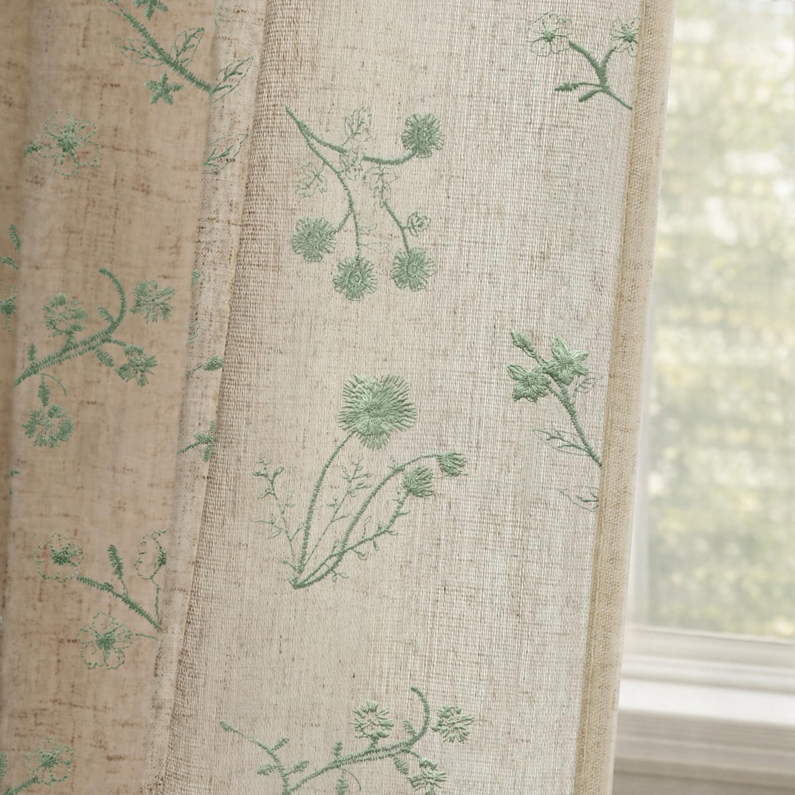 Floral Embroidered Linen Blend Curtains for Bedroom, 84 Inch Light Filtering Spring Farmhouse Vintage Drapes Beige Flower Window Treatments for Living Room Rod Pocket, Set of 2 Panels