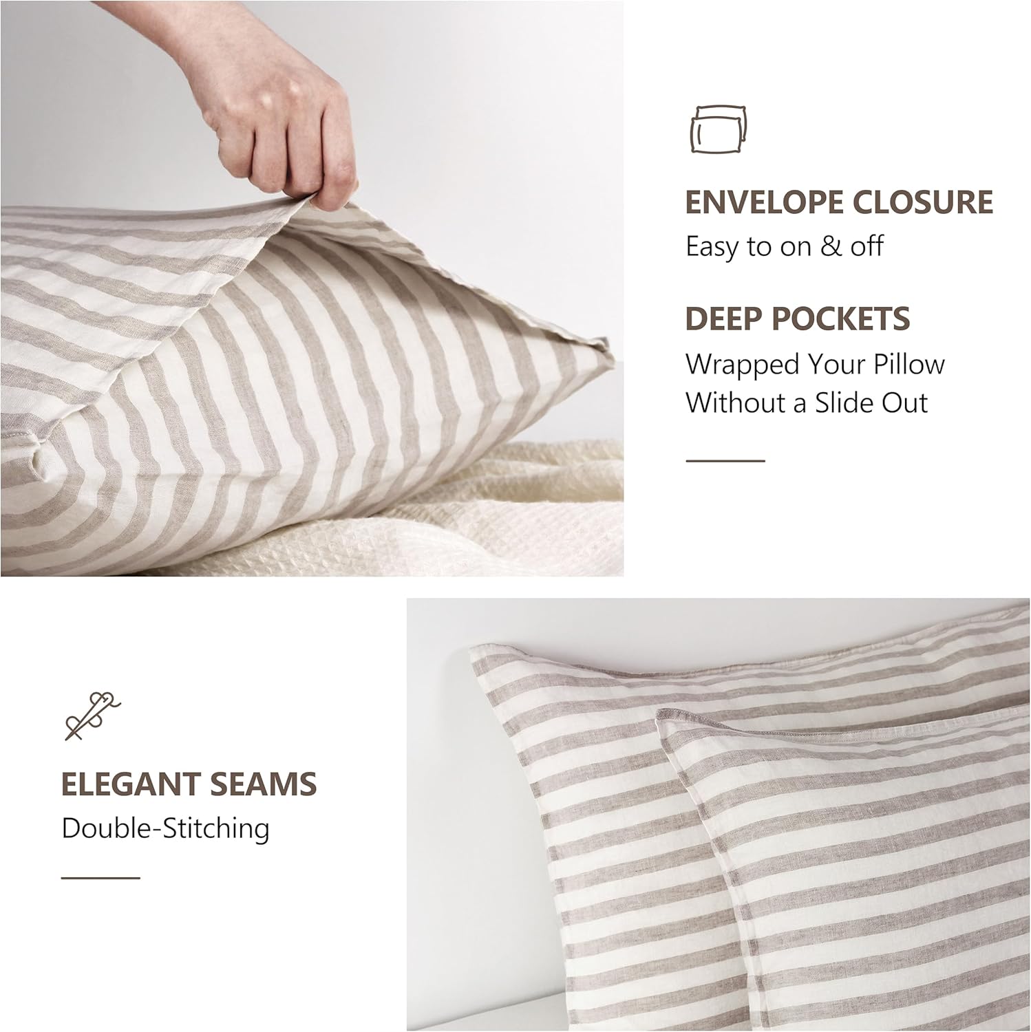 Striped Linen Pillow Cases Set of 2,20"x30" Standard/Queen Size,100% French Natural Flax Soft Linen Pillowcases,Natural Stripe