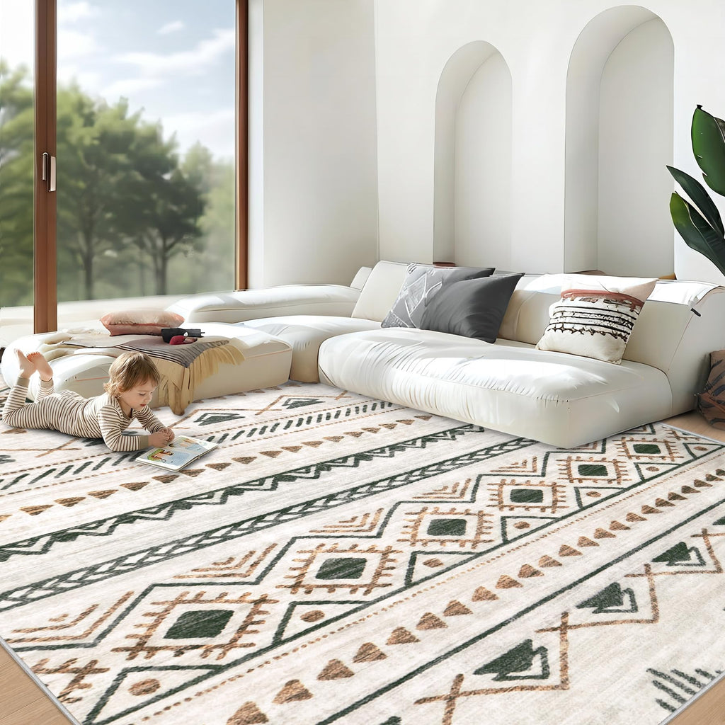Area Rug Living Room Rugs 8x10 - Large Soft Boho Geometric Rug, Non-Slip Foldable Washable Rugs Non Shedding Morden Indoor Floor Carpet for Living Room Bedroom Office Dining Room(Brown Green,8'x10')