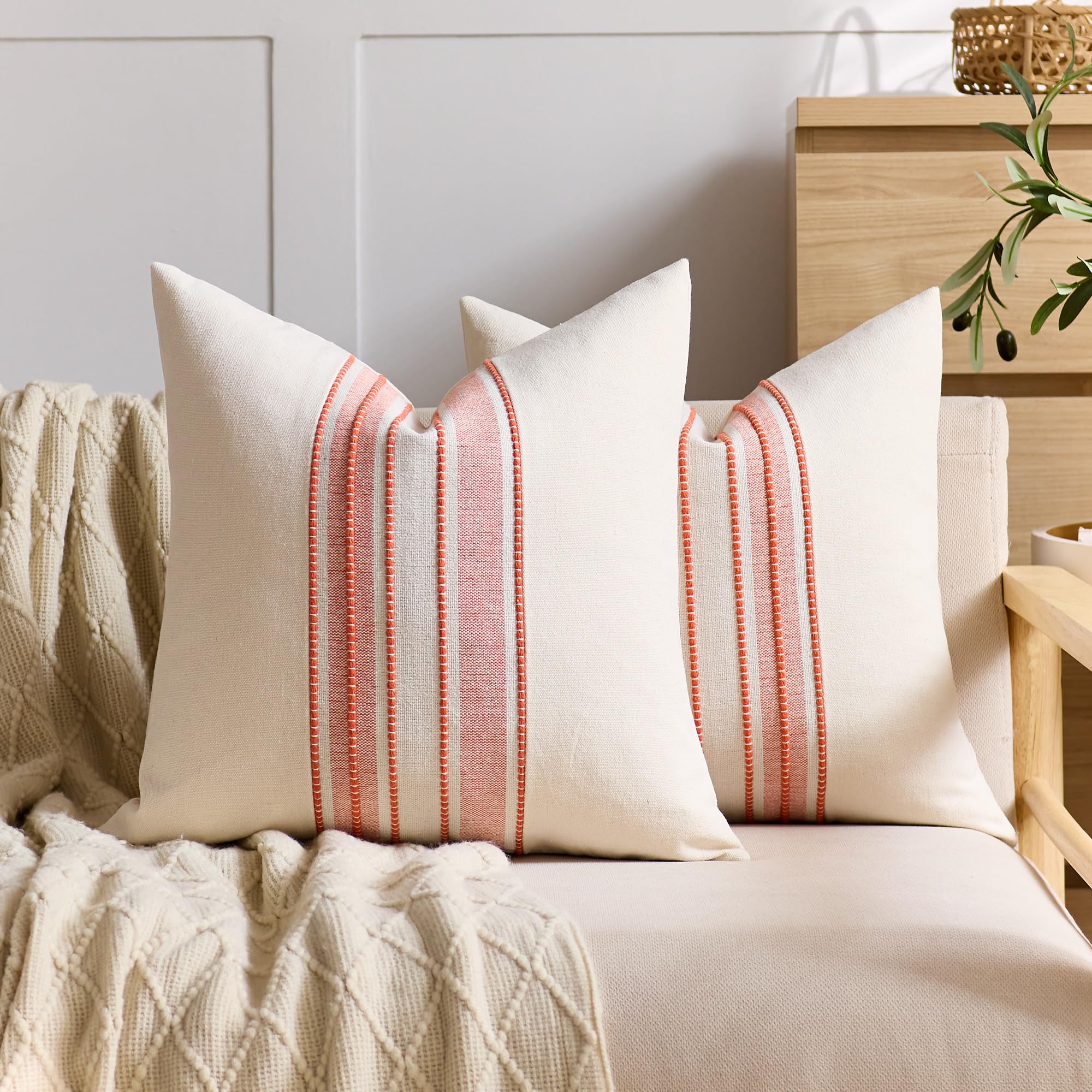 Striped Linen Textured Throw Pillow Covers 18x18 Inch Set of 2,Boho Decorative Cushion Covers, Neutral Navy Blue Accent Pillowcases for Couch, Sofa, Bed Farmhouse & Modern Living Room Decor