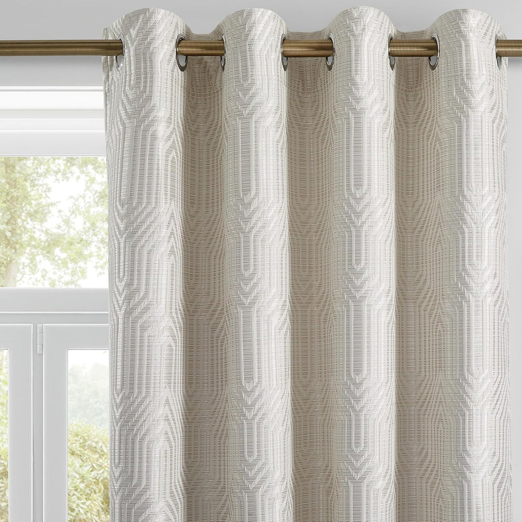 Beige and Silvery 100% Blackout Jacquard Geometric Pattern Curtains,52 Inch Wide 84 Inches Long 2 Panels, Thermal Insulated Noise Reducing Anti-Rust Grommet Drapes for Bedroom Living Room, Cream