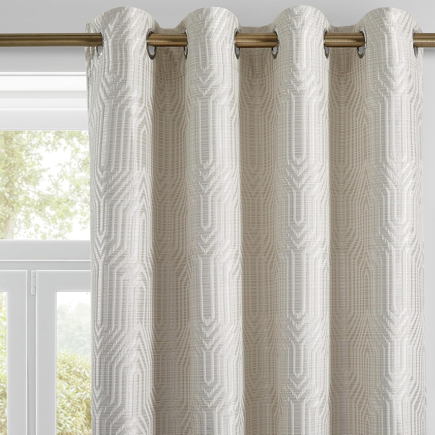 Beige and Silvery 100% Blackout Jacquard Geometric Pattern Curtains,52 Inch Wide 84 Inches Long 2 Panels, Thermal Insulated Noise Reducing Anti-Rust Grommet Drapes for Bedroom Living Room, Cream