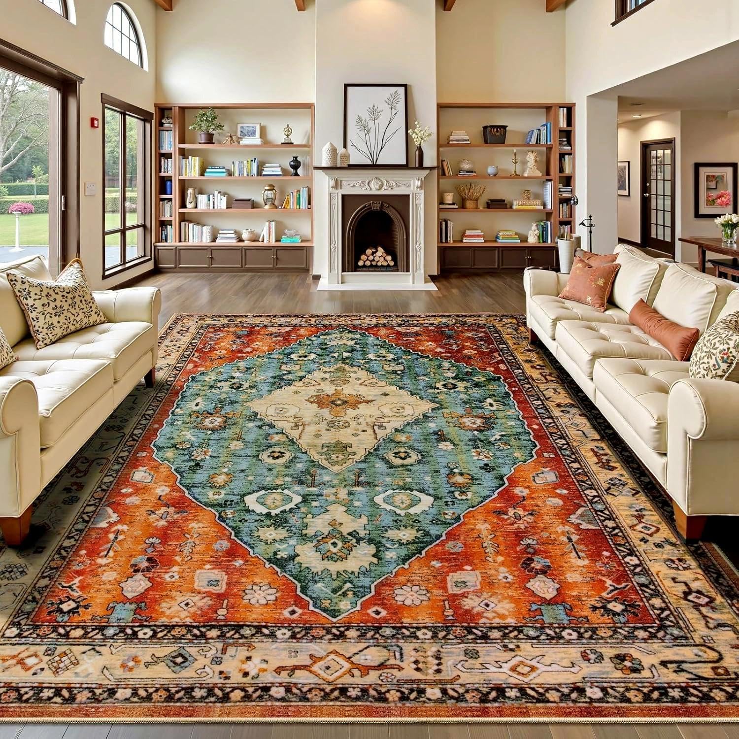 SERISSA Washable Rugs 8x10 Area Rugs, Large Non-Slip Boho Living Room Rust Rug, Ultra Soft Vintage Print Distressed Oriental Tribal Farmhouse Carpet for Dining Room Bedroom Dorm Office Home Decor
