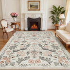 8x10 Beige Boho Floral Washable Non-Slip Thin Area Rug for Indoor Spaces