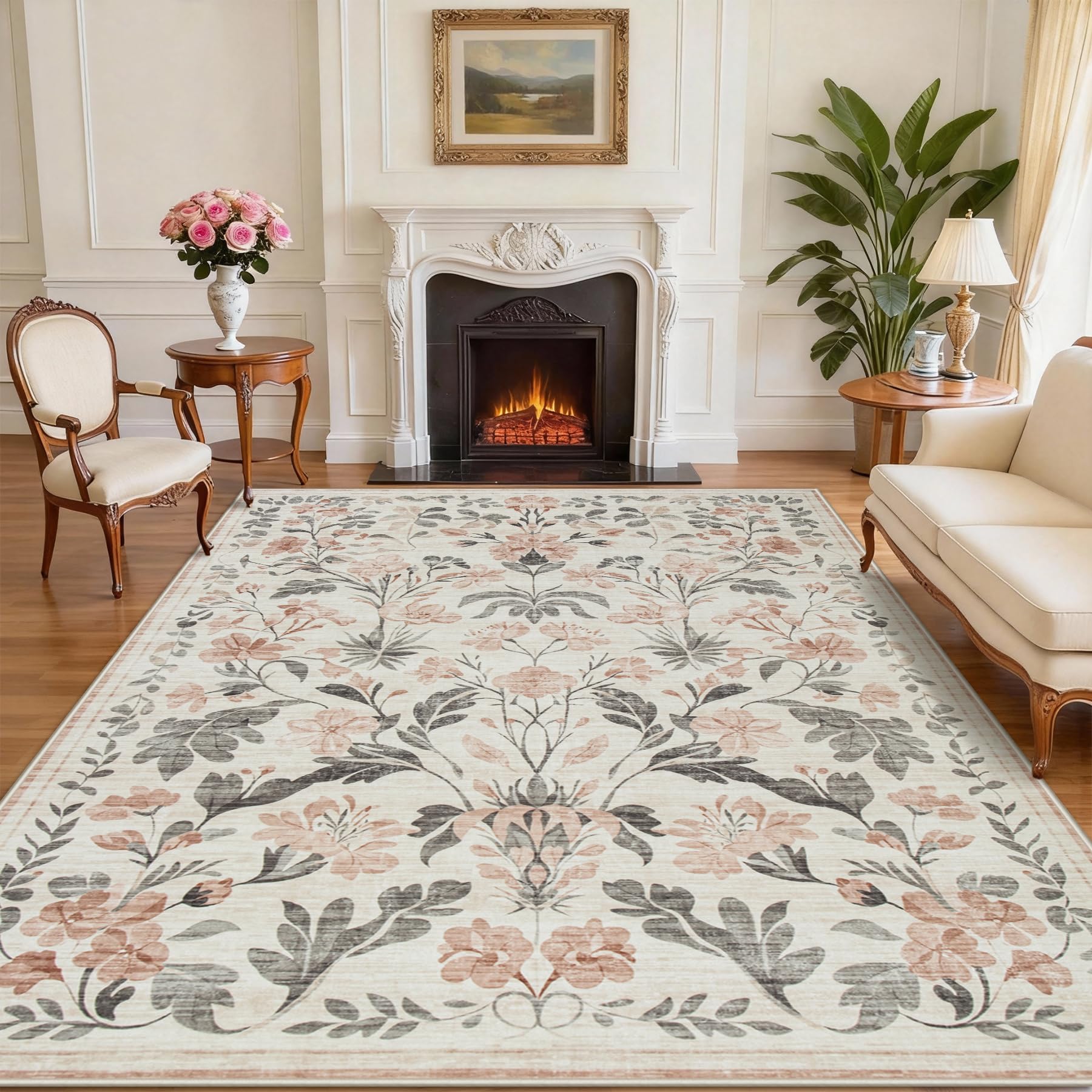 8x10 Beige Boho Floral Washable Non-Slip Thin Area Rug for Indoor Spaces