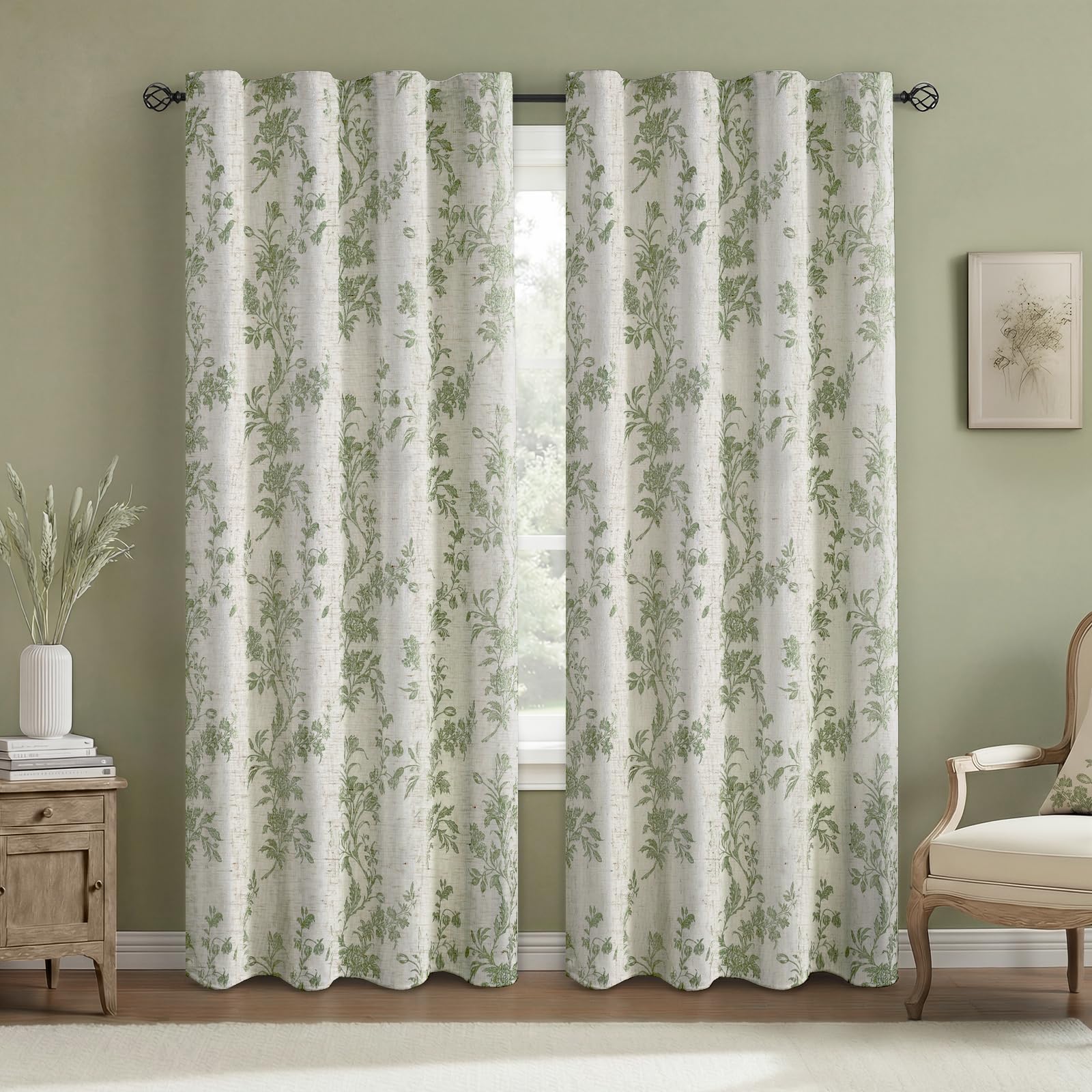 Floral Embroidered Linen Blend Curtains for Bedroom, 84 Inch Light Filtering Spring Farmhouse Vintage Drapes Beige Flower Window Treatments for Living Room Rod Pocket, Set of 2 Panels