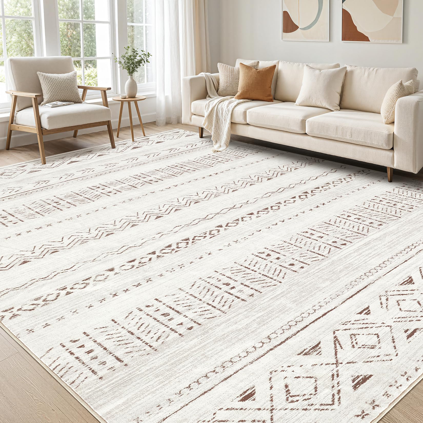 cotiled 5x7 Area Rug Living Room: Washable Boho Rugs with Non Slip Backing Large Soft Indoor Stain Resistant Carpet for Bedroom Farmhouse Dining Room Lightweight Home Decor L Brown/Cream