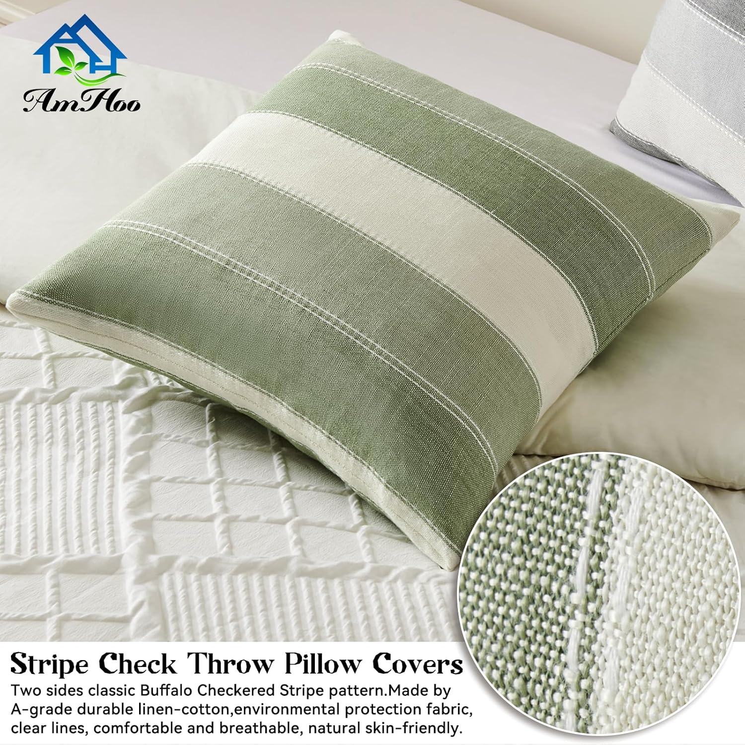 AmHoo Pack of 2 Farmhouse Stripe Check Throw Pillow Covers Set Case Cotton Linen Decorative Pillowcases Cushion Cover for Couch Bench Sofa 18x18 Inch Sage Green