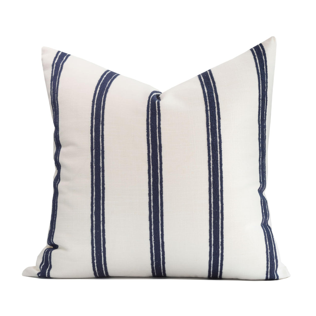 Crumbs Home Coastal Linen Indoor Outdoor Throw Pillow Cover Only, 20"x20" Water Repellent for Patio, Backyard, Couch, Neutral Beige Embroidered Stripes