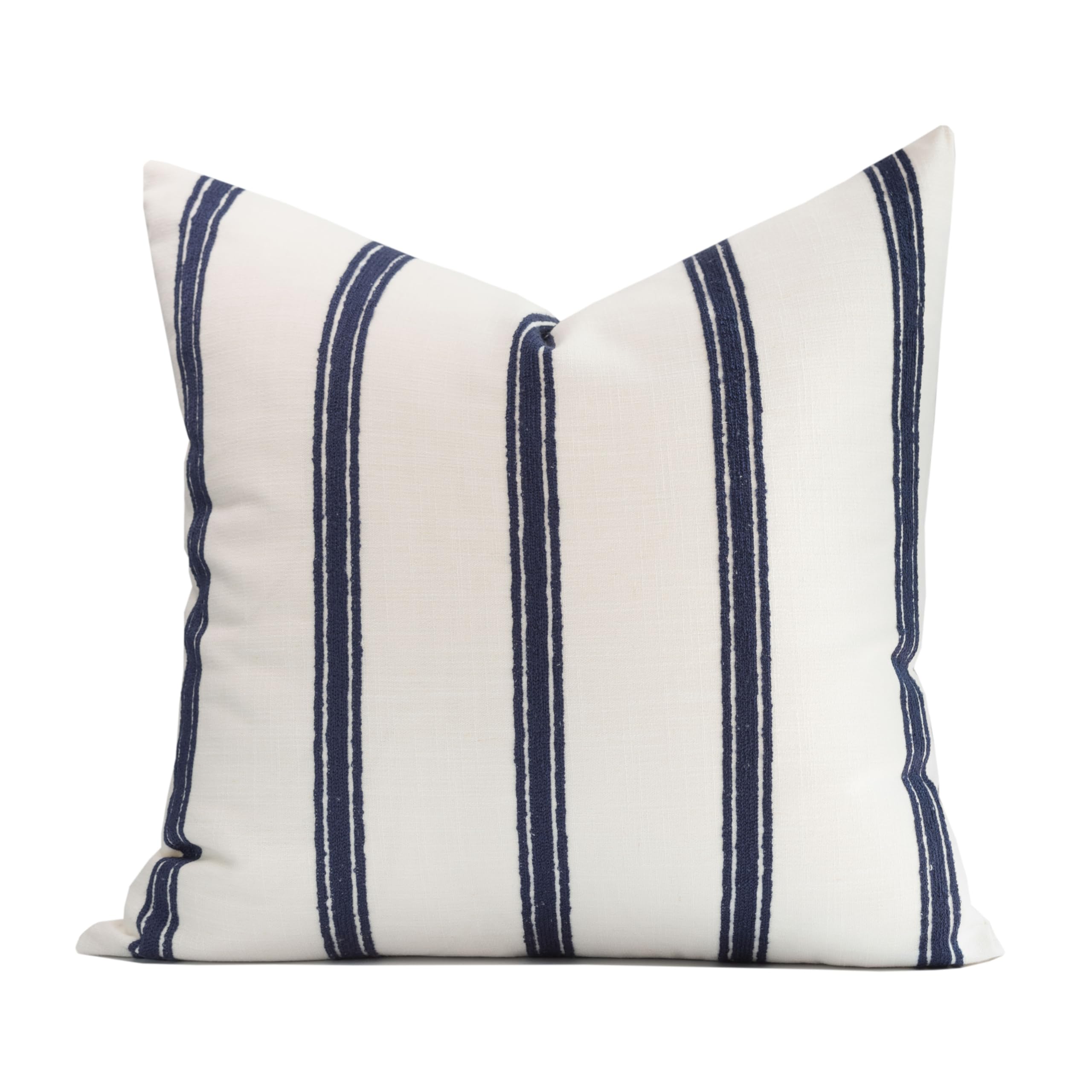 Crumbs Home Coastal Linen Indoor Outdoor Throw Pillow Cover Only, 20"x20" Water Repellent for Patio, Backyard, Couch, Neutral Beige Embroidered Stripes