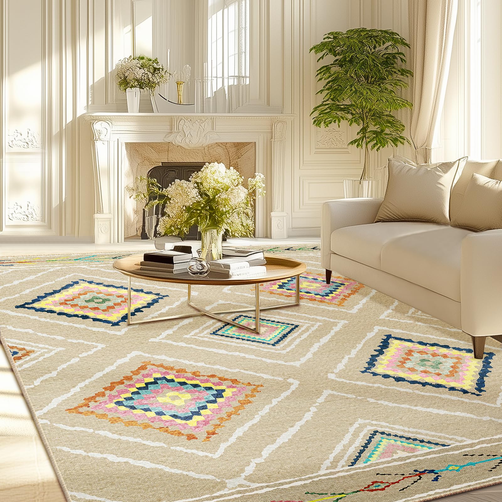 BESTSWEETIE Area Rug 5x7 Rug Machine Washable Non-Slip Low Pile Print Pattern Western Rug for Living Room Bedroom Entryway Tribal Series -Black