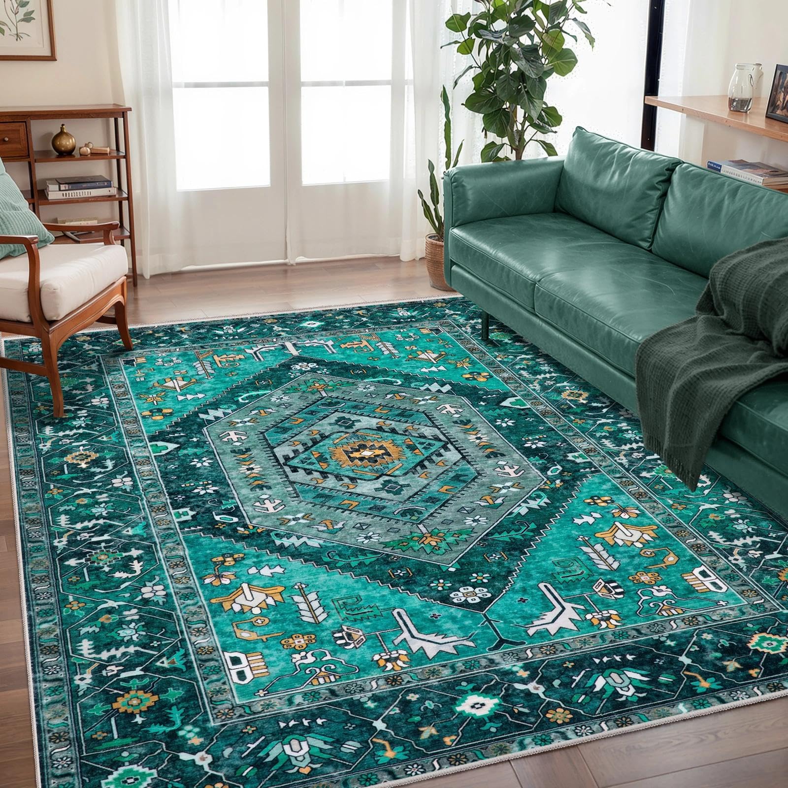 SERISSA Washable Rugs 8x10 Area Rugs, Large Non-Slip Boho Living Room Rust Rug, Ultra Soft Vintage Print Distressed Oriental Tribal Farmhouse Carpet for Dining Room Bedroom Dorm Office Home Decor