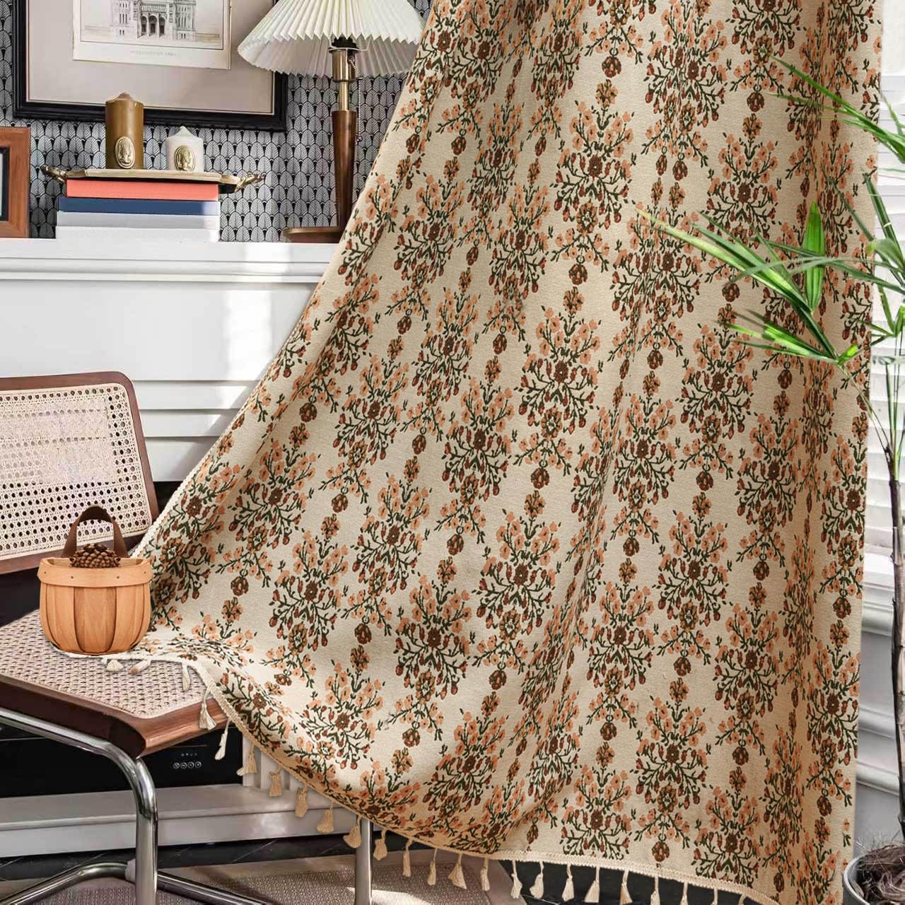 2 Pack Floral Bird Jacquard Boho Curtains 60"×85", Tassel Light Filtering Rod Pocket Farmhouse Window Drapes