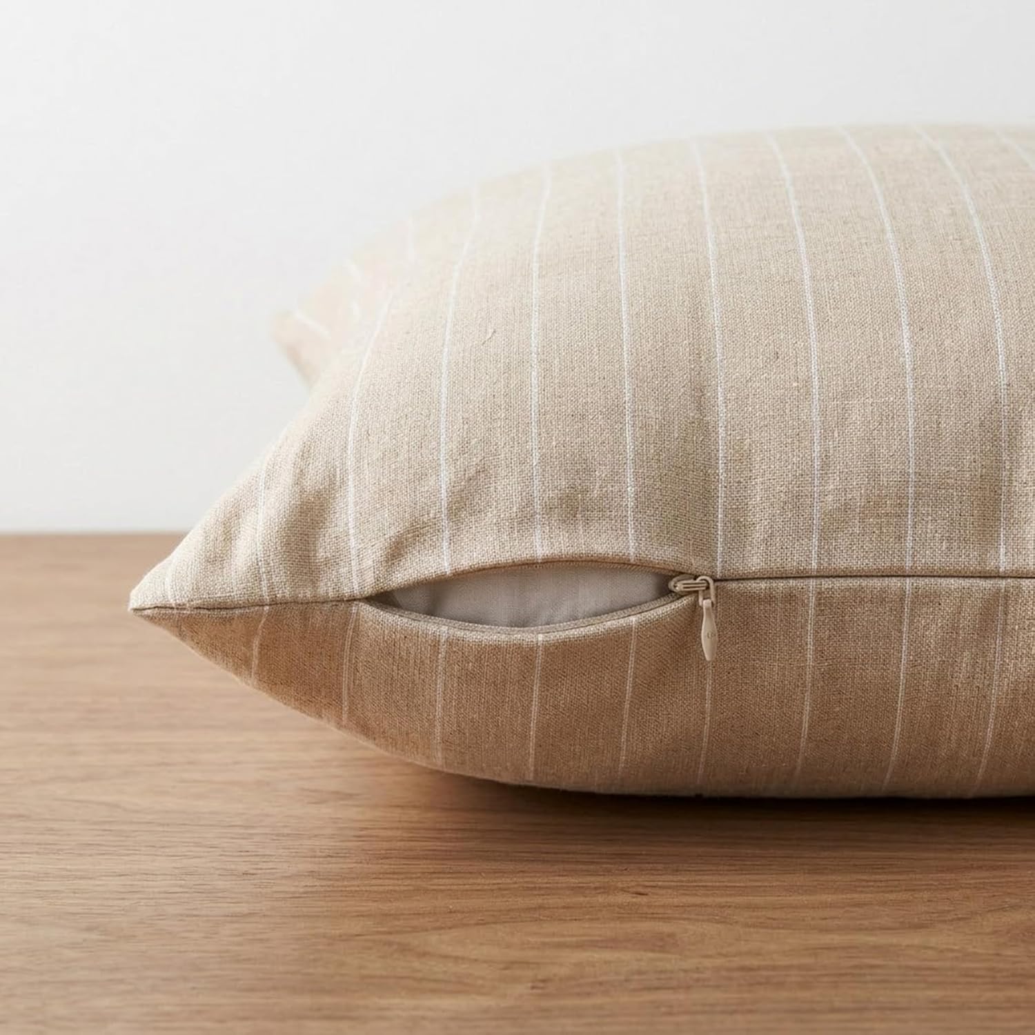 20×20 Inch Natural White Stripe 100% Linen Throw Pillow Cover with Invisible Zipper for Sofa Bed