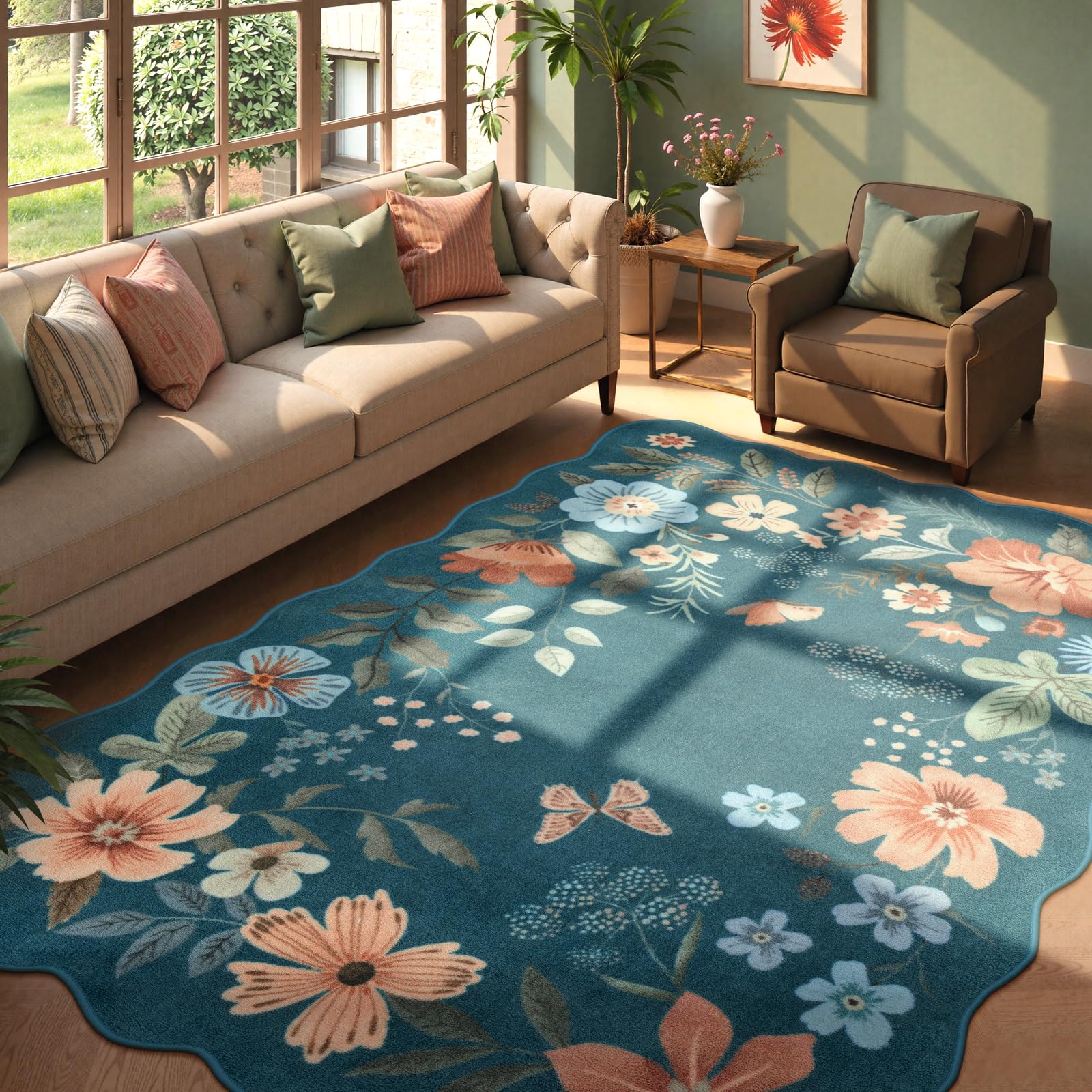 Lahome Floral Living Room Rugs, Area Rugs 5x7 Rug for Bedroom Ultra-Thin Soft Rug, Non-Slip Washable Rugs Stain Resistant Boho Rug Flore Throw Rug for ‎Dining Room Office (5x7ft,Green)