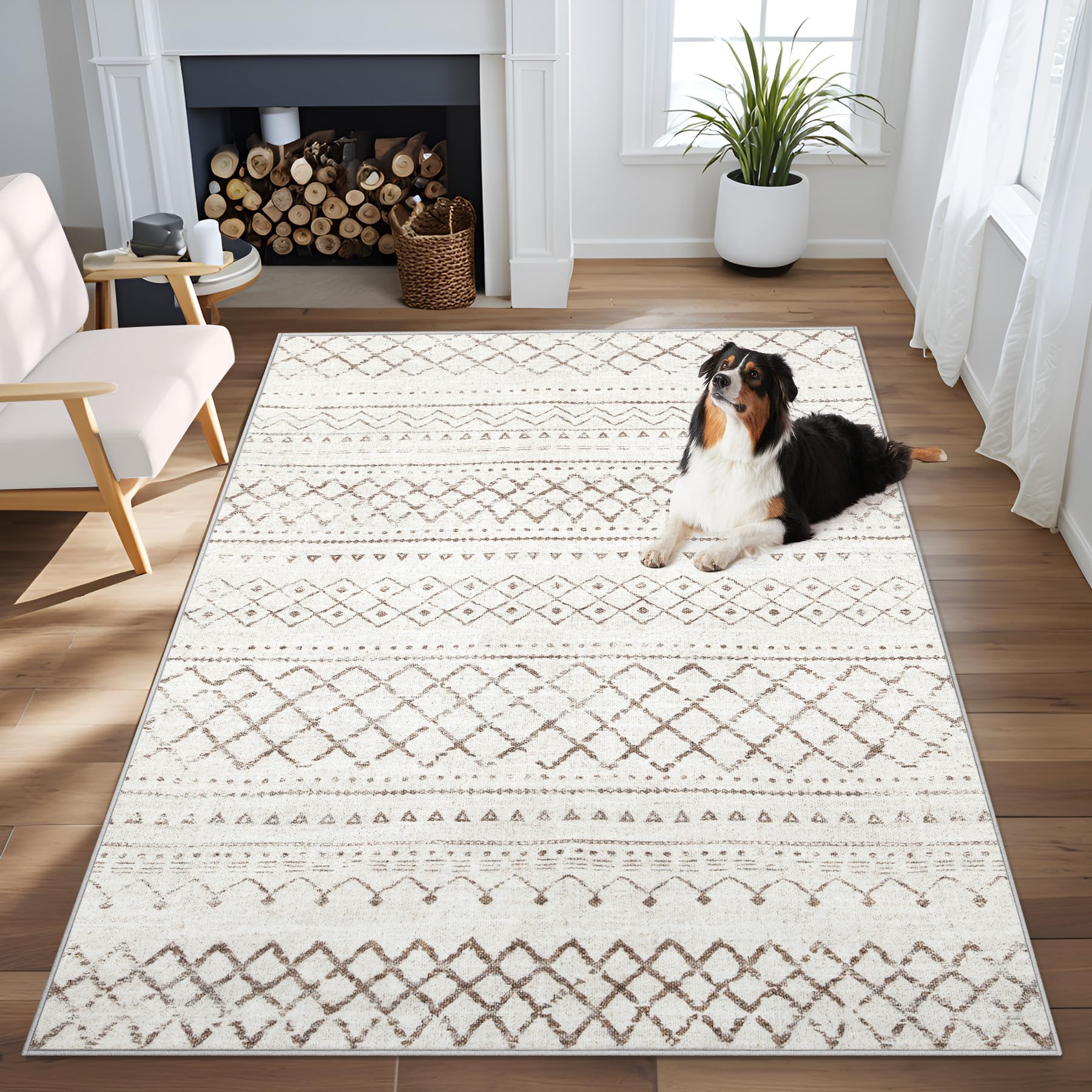 Area Rug Living Room Rugs 8x10 - Large Soft Boho Geometric Rug, Non-Slip Foldable Washable Rugs Non Shedding Morden Indoor Floor Carpet for Living Room Bedroom Office Dining Room(Brown Green,8'x10')