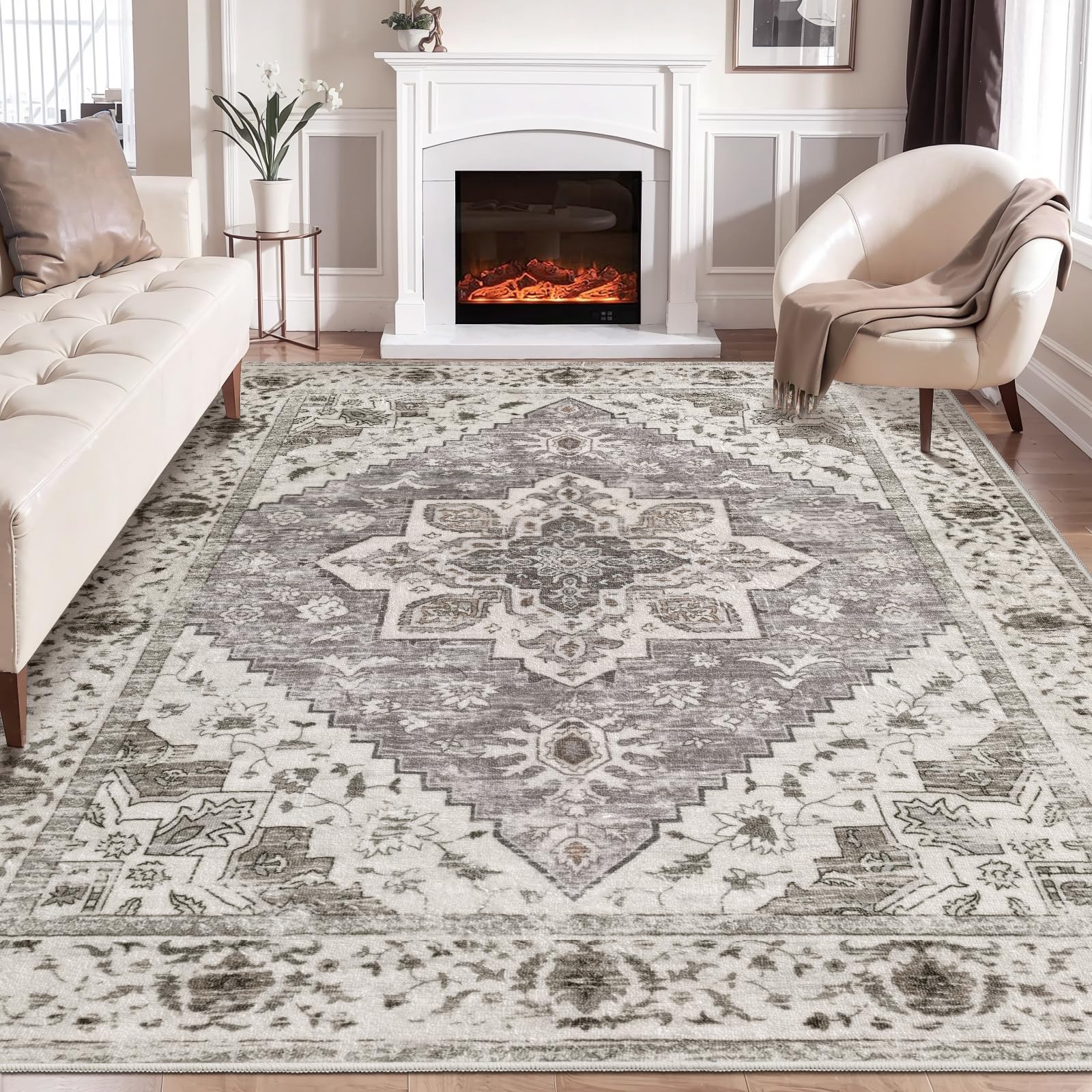 SERISSA Washable Rugs 8x10 Area Rugs, Large Non-Slip Boho Living Room Rust Rug, Ultra Soft Vintage Print Distressed Oriental Tribal Farmhouse Carpet for Dining Room Bedroom Dorm Office Home Decor