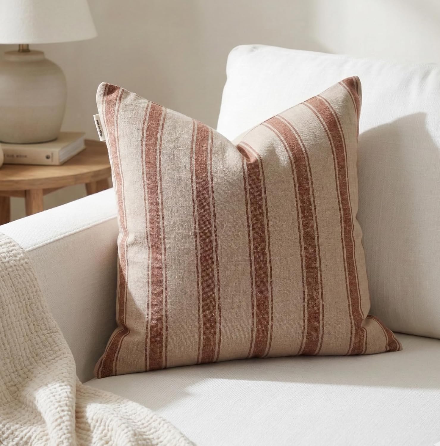 Decorative Pillow Cover French Country Pillow Cover Cottage Decor Floral Block Print, Farmhouse Decorative Cushion Cover, Striped Pillow Cover Line and Loop (Brown-Beige Stripe)