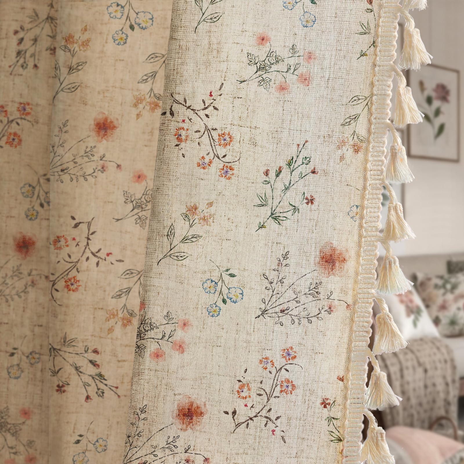 Floral Embroidered Linen Blend Curtains for Bedroom, 84 Inch Light Filtering Spring Farmhouse Vintage Drapes Beige Flower Window Treatments for Living Room Rod Pocket, Set of 2 Panels