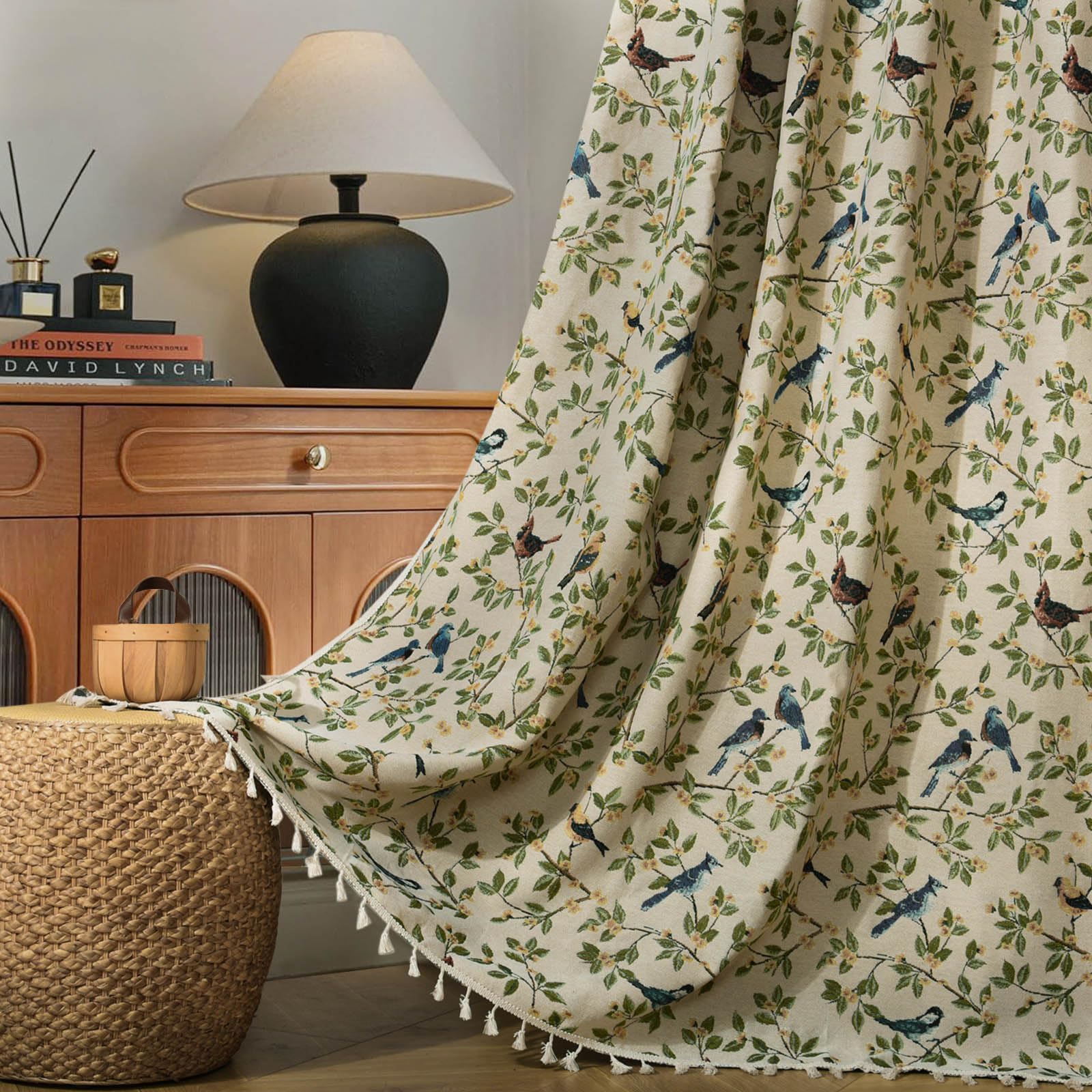2 Pack Floral Bird Jacquard Boho Curtains 60"×85", Tassel Light Filtering Rod Pocket Farmhouse Window Drapes