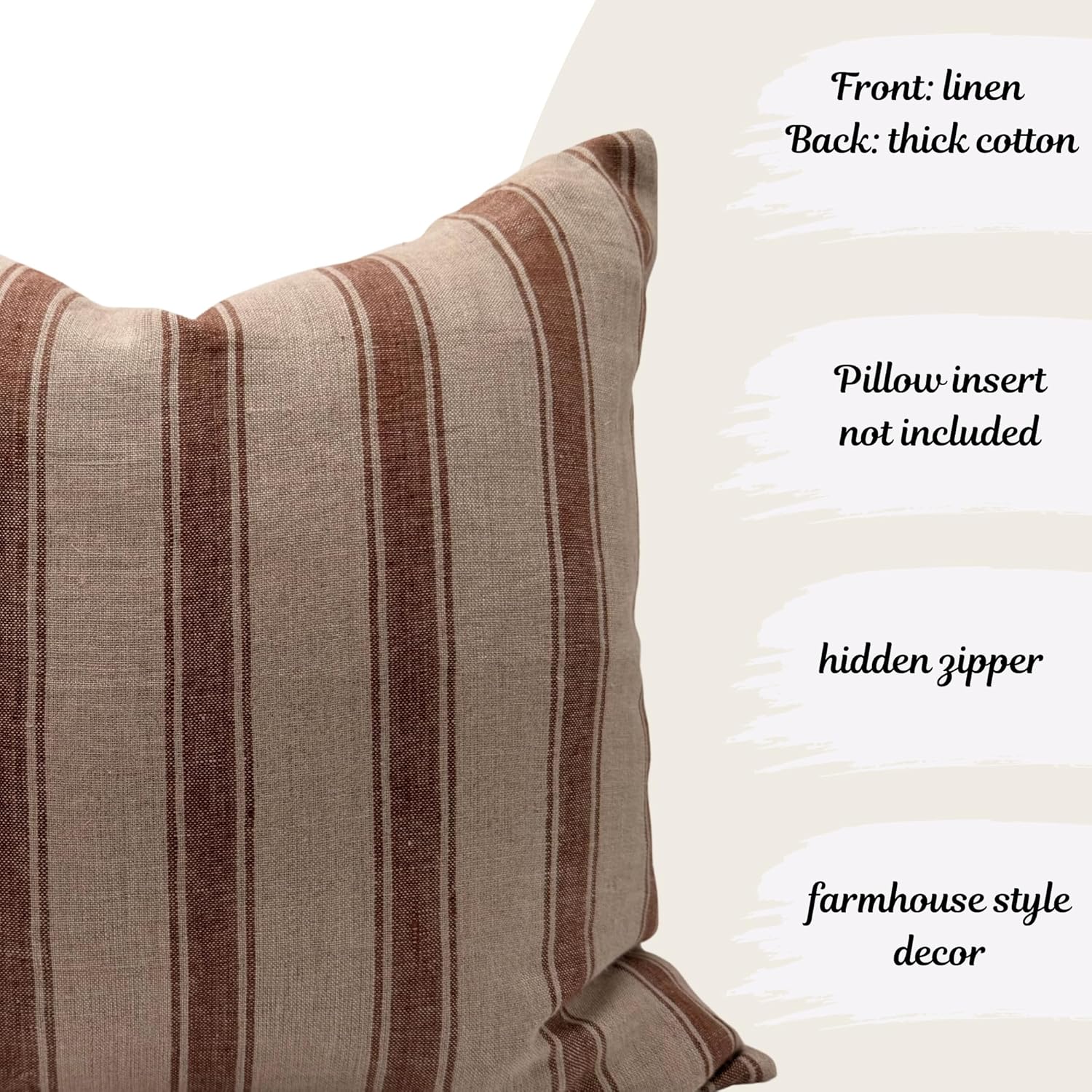 Linen Throw Pillow Covers Stripe Brown Pillow Cover Spring Decorative Pillow Covers for Living Room, Bedroom (Brown Stripes, 22" L x 22" W)