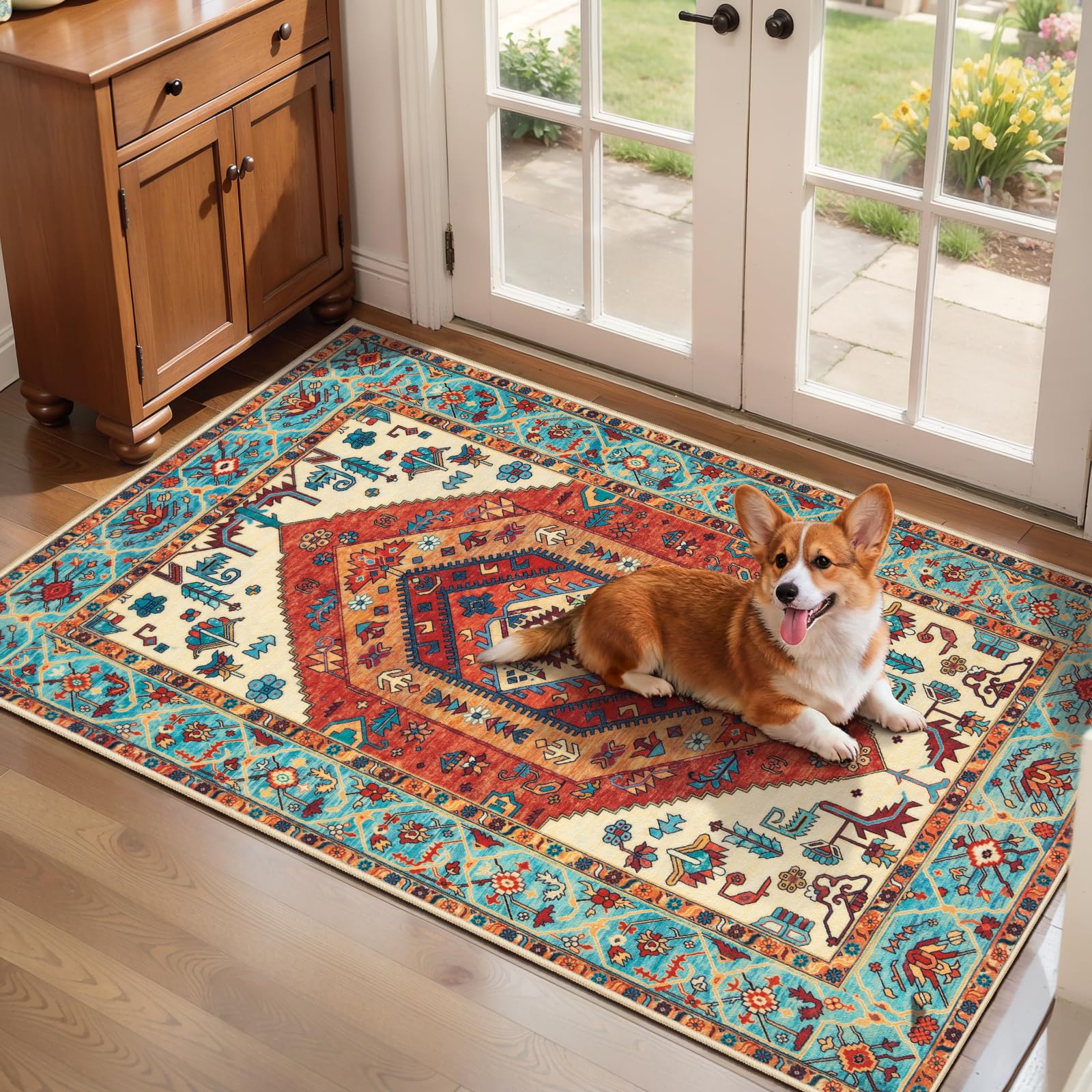 SERISSA Washable Rugs 8x10 Area Rugs, Large Non-Slip Boho Living Room Rust Rug, Ultra Soft Vintage Print Distressed Oriental Tribal Farmhouse Carpet for Dining Room Bedroom Dorm Office Home Decor