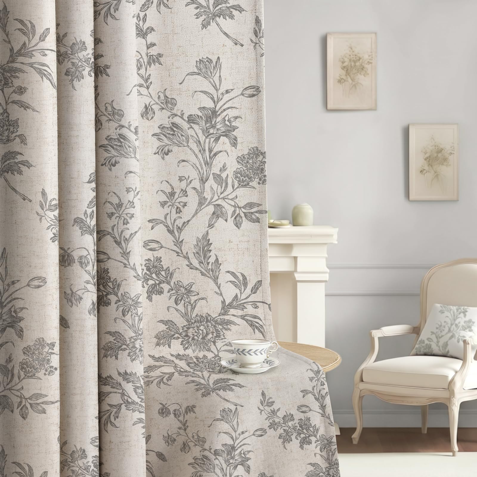 Floral Embroidered Linen Blend Curtains for Bedroom, 84 Inch Light Filtering Spring Farmhouse Vintage Drapes Beige Flower Window Treatments for Living Room Rod Pocket, Set of 2 Panels
