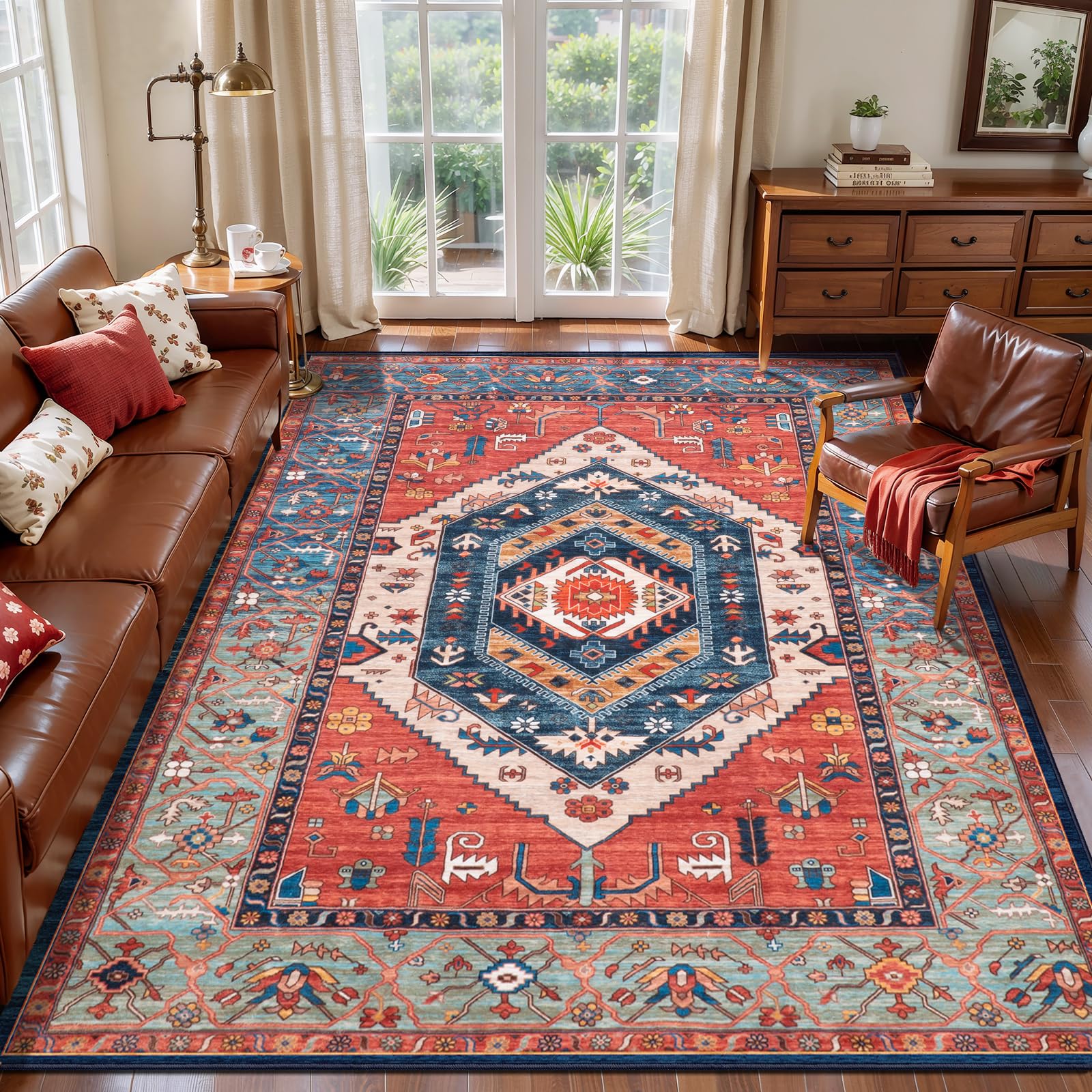 SERISSA Washable Rugs 8x10 Area Rugs, Large Non-Slip Boho Living Room Rust Rug, Ultra Soft Vintage Print Distressed Oriental Tribal Farmhouse Carpet for Dining Room Bedroom Dorm Office Home Decor