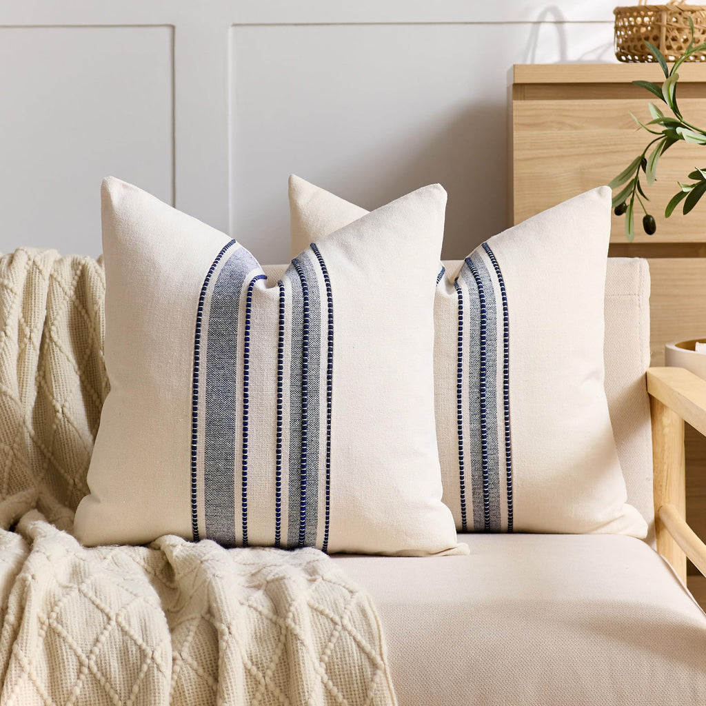 Striped Linen Textured Throw Pillow Covers 18x18 Inch Set of 2,Boho Decorative Cushion Covers, Neutral Navy Blue Accent Pillowcases for Couch, Sofa, Bed Farmhouse & Modern Living Room Decor
