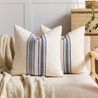 Striped Linen Textured Throw Pillow Covers 18x18 Inch Set of 2,Boho Decorative Cushion Covers, Neutral Navy Blue Accent Pillowcases for Couch, Sofa, Bed Farmhouse & Modern Living Room Decor