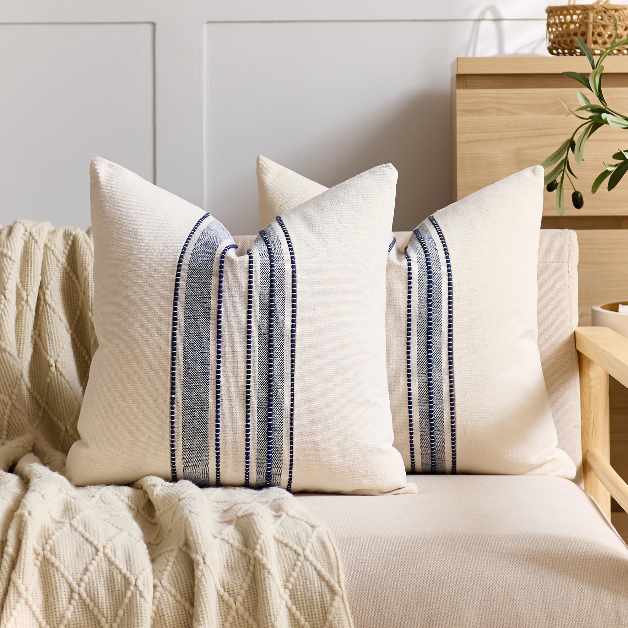 Striped Linen Textured Throw Pillow Covers 18x18 Inch Set of 2,Boho Decorative Cushion Covers, Neutral Navy Blue Accent Pillowcases for Couch, Sofa, Bed Farmhouse & Modern Living Room Decor