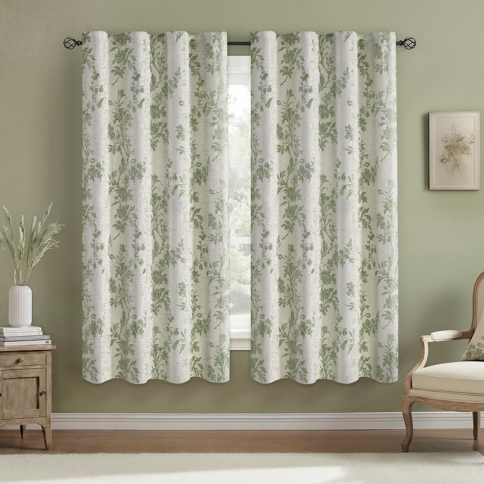Floral Embroidered Linen Blend Curtains for Bedroom, 84 Inch Light Filtering Spring Farmhouse Vintage Drapes Beige Flower Window Treatments for Living Room Rod Pocket, Set of 2 Panels