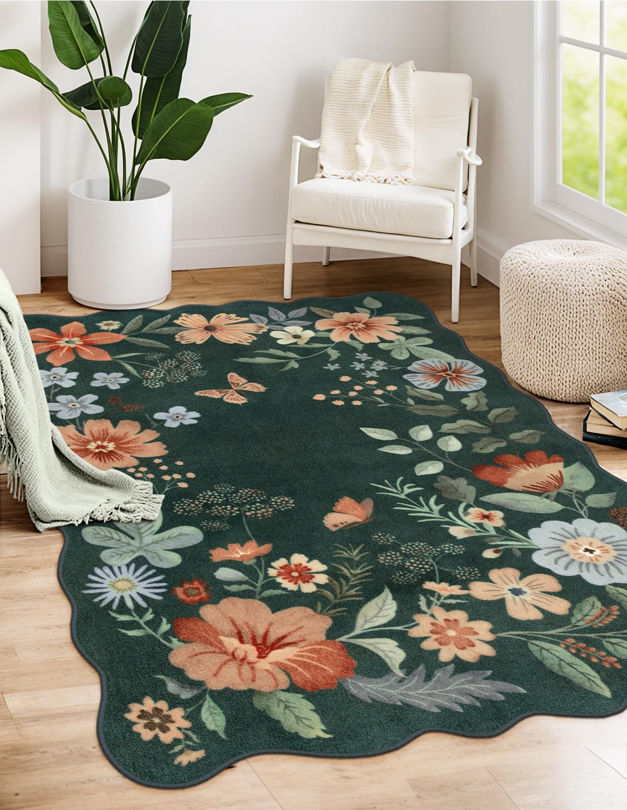 Lahome Floral Living Room Rugs, Area Rugs 5x7 Rug for Bedroom Ultra-Thin Soft Rug, Non-Slip Washable Rugs Stain Resistant Boho Rug Flore Throw Rug for ‎Dining Room Office (5x7ft,Green)