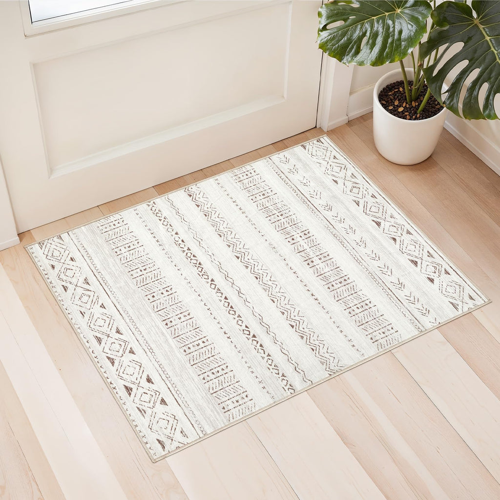 cotiled 5x7 Area Rug Living Room: Washable Boho Rugs with Non Slip Backing Large Soft Indoor Stain Resistant Carpet for Bedroom Farmhouse Dining Room Lightweight Home Decor L Brown/Cream