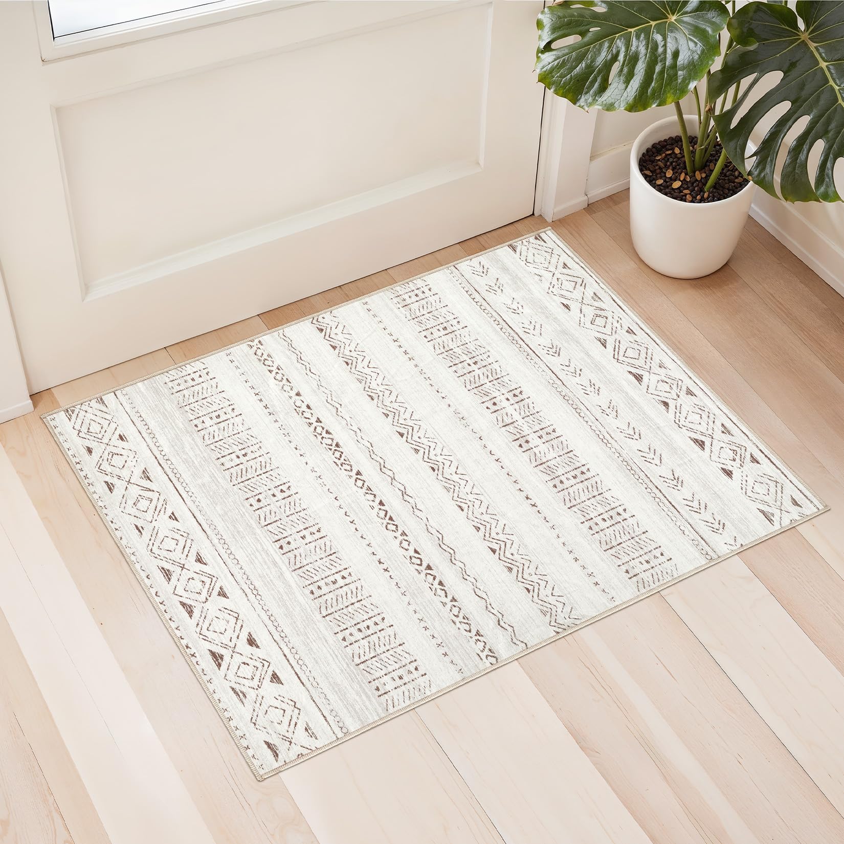 cotiled 5x7 Area Rug Living Room: Washable Boho Rugs with Non Slip Backing Large Soft Indoor Stain Resistant Carpet for Bedroom Farmhouse Dining Room Lightweight Home Decor L Brown/Cream