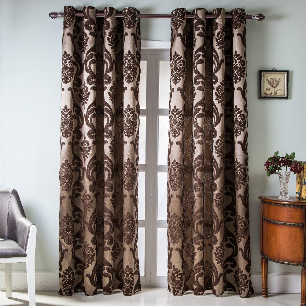 NAPEARL Damask Curtains-Fancy Jacquard Semi-Blackout Brown Curtain Drapes for legant & Private Living Room & Bedroom, Luxury Curtains 96 Inches Length (2 Panels, Each 52 x 96 Inches)